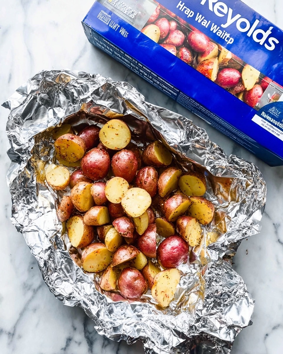 The image shows a shiny foil sheet opened to reveal a large pile of small, round potatoes cut into halves. The potatoes have red and light brown skins with a slightly speckled, seasoned surface and are placed inside the foil. The foil edges are crinkled and shiny, surrounding the potatoes in a boat-like shape. Above and near the foil is a blue rectangular box of Reynolds Wrap heavy duty aluminum foil, resting on a white marbled surface. Photo taken with an iphone --ar 4:5 --v 7