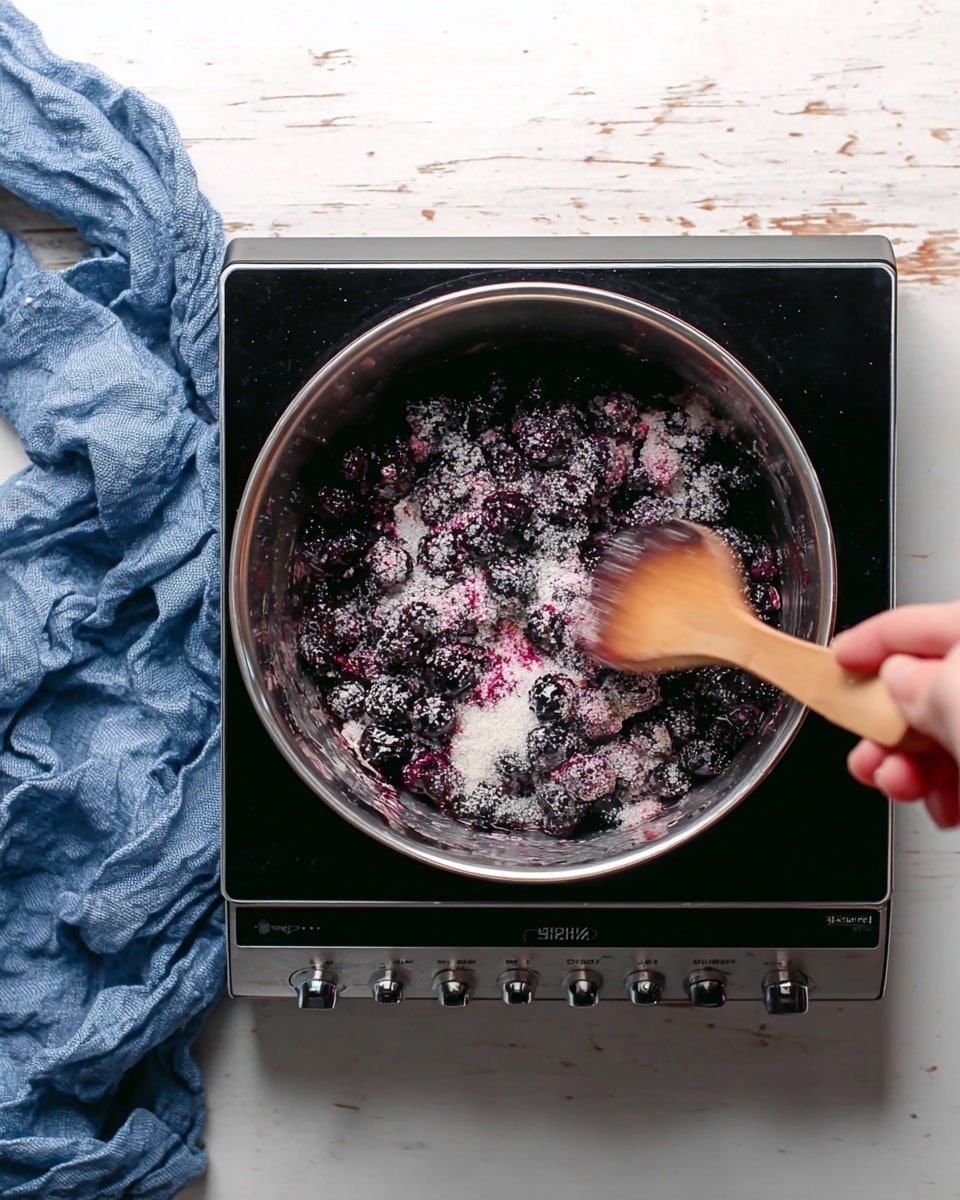 A metal pot sits on a black cooking hot plate over a white marbled surface. Inside the pot, there is a mix of dark purple and black berries covered sparsely with white granulated sugar, giving a powdery texture atop the fruit. A woman's hand holding a wooden spoon is stirring the berries and sugar together, creating some motion blur. A crumpled blue cloth is partially under the hot plate to the left side. The scene is lit softly, emphasizing the colors and textures. photo taken with an iphone --ar 4:5 --v 7