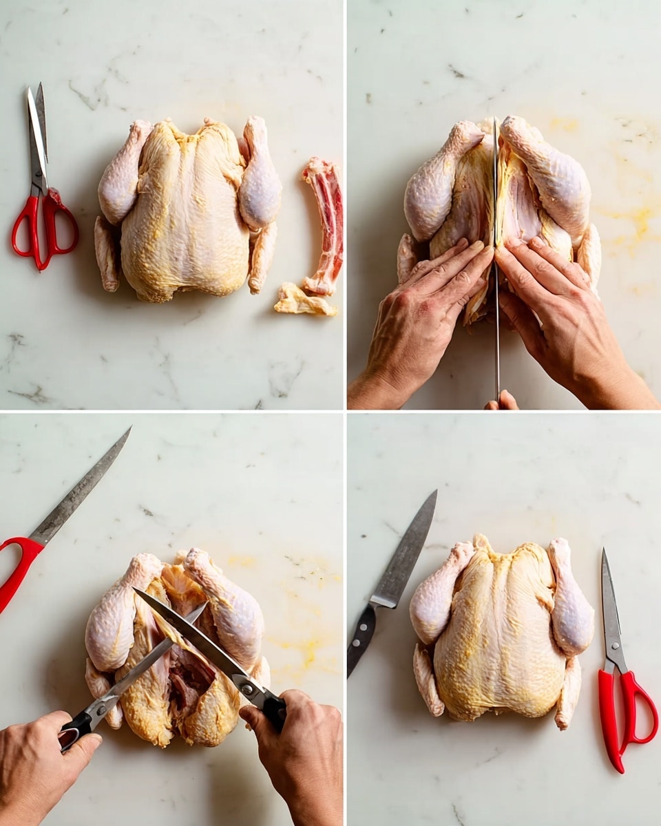 A four-part collage shows the process of cutting a raw whole chicken. In the top left image, a raw chicken lies whole on a white marbled surface with a pair of scissors to the left, a red knife to the right, and a chicken rib nearby, with a pair of hands holding the chicken. The top right image depicts a woman's hand holding the chicken steady while another hand uses scissors to cut down the middle of the chicken. The bottom left image shows the scissors cutting further down the center with one hand holding the chicken open. The bottom right image presents the chicken split in half with the inside cavity visible, the chicken rib placed to the side, and the red knife alongside on the white marbled background. Photo taken with an iphone --ar 4:5 --v 7