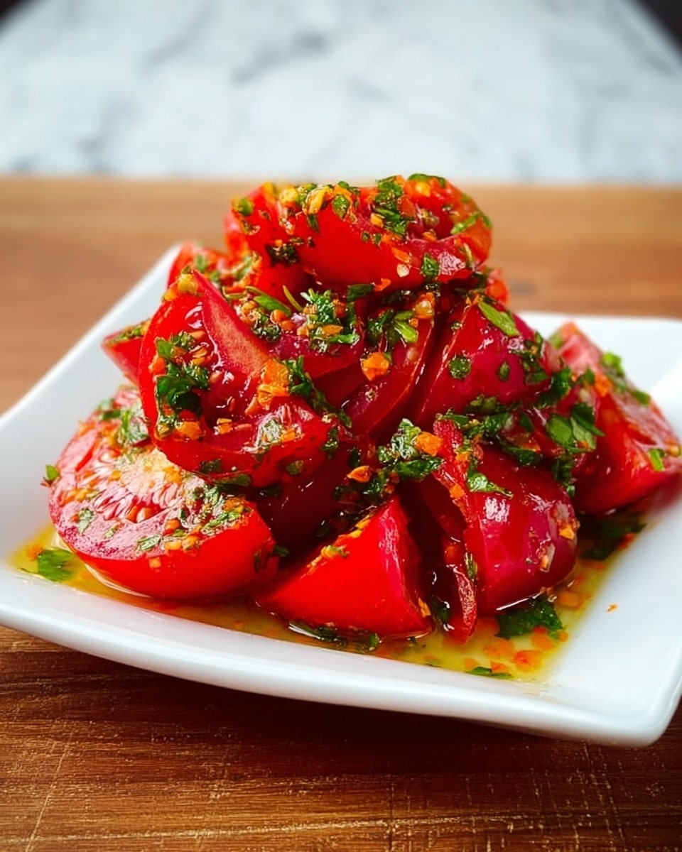The image shows a white square plate filled with a stack of red tomato wedges mixed with finely chopped green herbs and small bits of orange seasoning, all coated in a light, glossy dressing that glistens under the light. The tomatoes look fresh and juicy, with their smooth, shiny skin contrasting with the rough and textured bits of herbs and seasoning spread evenly throughout. The stack is placed on a wooden table, but the surface behind is changed to a white marbled texture. The colors are bright and vibrant, making the dish look fresh and appetizing. Photo taken with an iphone --ar 4:5 --v 7