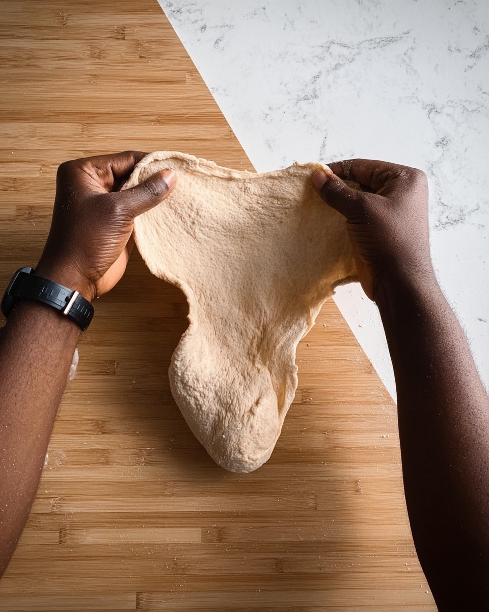 The image shows two dark-skinned hands stretching a thin, light brown dough. The dough is almost translucent and unevenly shaped, held up in the air on a wooden surface background, which is changed in description to a white marbled texture. The left arm is bare while the right arm wears a black watch. The dough has a rough texture with some thicker areas visible. No food is presented on a plate or bowl in this image. photo taken with an iphone --ar 4:5 --v 7