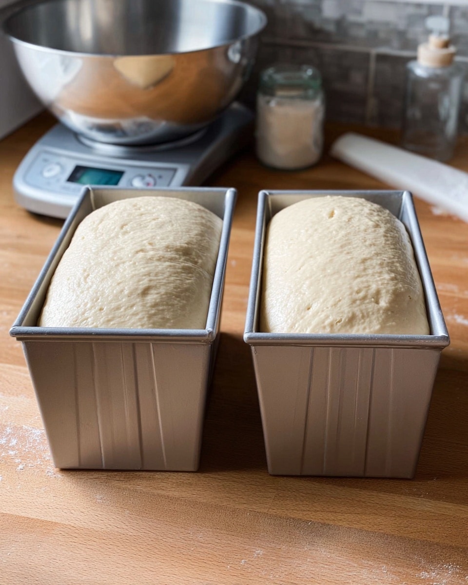 Two silver loaf pans sit side by side on a wooden surface, each filled with risen pale dough that smoothly curves above the edges. The dough has a soft texture, light cream in color, with tiny air bubbles on the surface, showing it is well proofed and ready for baking. In the background, silver kitchen items slightly blur, including a large mixing bowl, a digital scale, and a small jar on a white marbled counter. The focus is on the dough-filled pans centered in the image, capturing a calm kitchen moment. Photo taken with an iphone --ar 4:5 --v 7