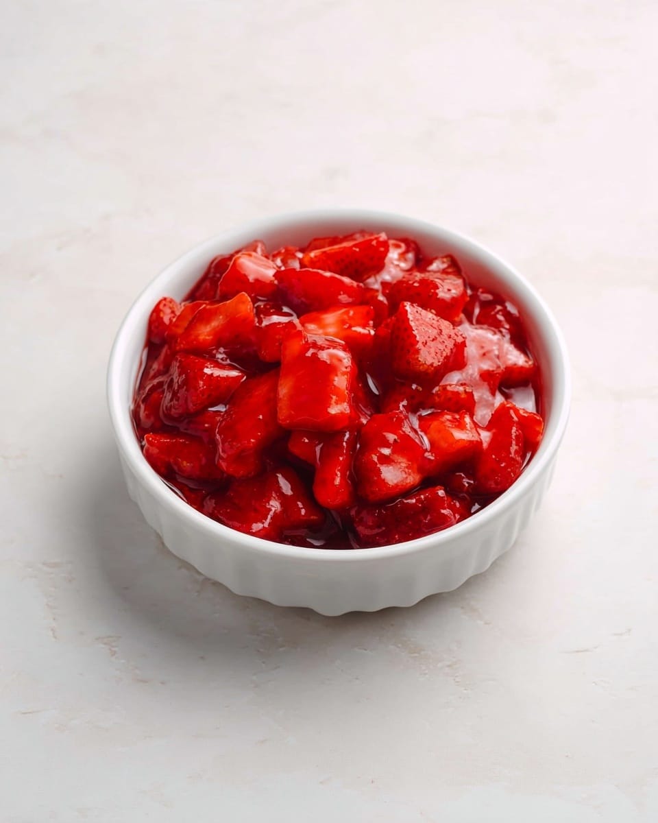 A small white bowl filled with glossy, bright red strawberry topping made of chopped strawberry pieces mixed with thick red syrup, showing different shades of red and textures with some chunks bigger and others smaller, all sitting on a white marbled surface photo taken with an iphone --ar 4:5 --v 7