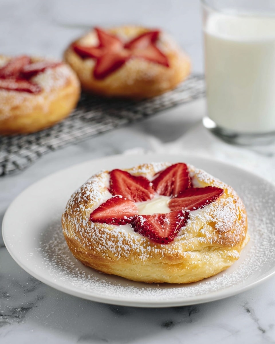 A round pastry with a golden-brown crust sits on a white plate with powdered sugar lightly dusted on top and around it. The top of the pastry has a soft, creamy layer decorated with cut red strawberry pieces arranged in a star shape. In the background, two similar pastries with the same decorative strawberry topping rest on a metal cooling rack, and there is a clear glass of white milk to the right. The entire scene is set on a white marbled surface. photo taken with an iphone --ar 4:5 --v 7