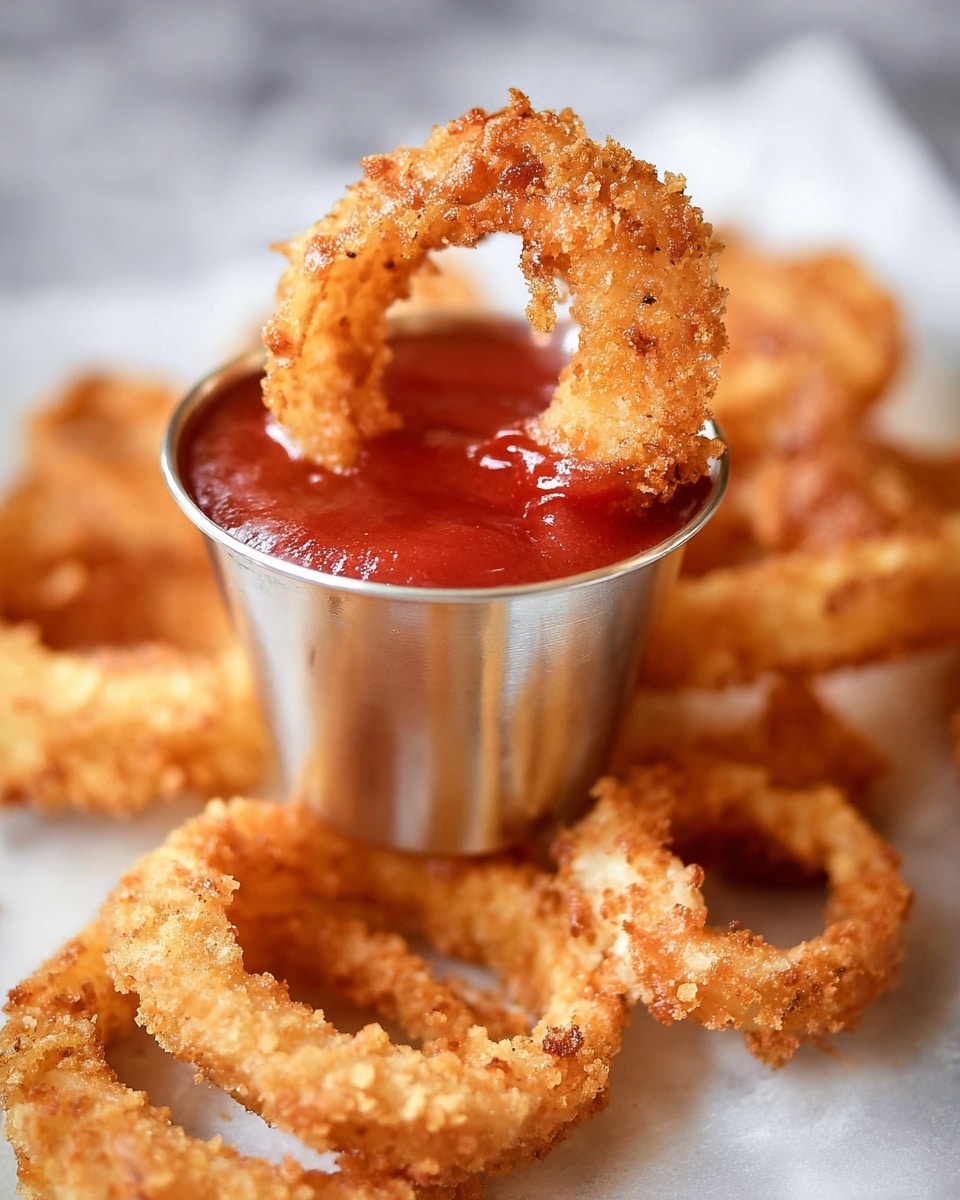 A crispy golden fried onion ring is dipped halfway into a small silver cup filled with bright red ketchup, showing its crunchy texture and light brown color. Around the cup and on a white marbled surface, more golden onion rings lay in soft focus, creating a layered look with different sizes and shapes. The scene is close-up, highlighting the crispy texture of the onion rings and the smooth sauce, photo taken with an iphone --ar 4:5 --v 7