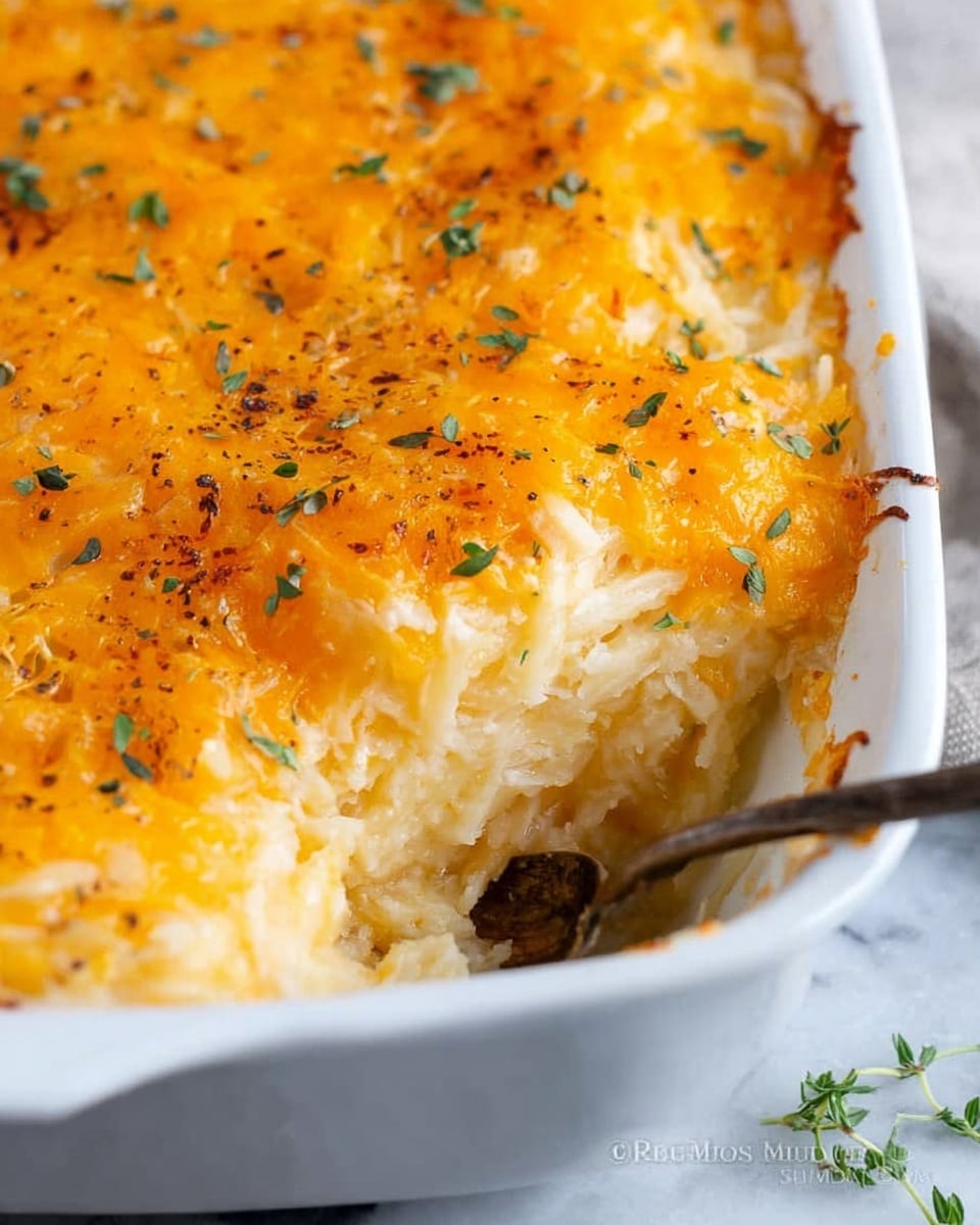 This image shows a white baking dish filled with a cheesy casserole. It has two main layers: the bottom layer is made of light golden shredded potatoes that look soft and creamy, and the top layer is covered with melted golden-orange cheese sprinkled with small bits of green herbs and black pepper. A portion is scooped out from the dish, revealing the soft texture of the potato layer underneath the cheese. The dish is placed on a white marbled surface. Photo taken with an iphone --ar 4:5 --v 7