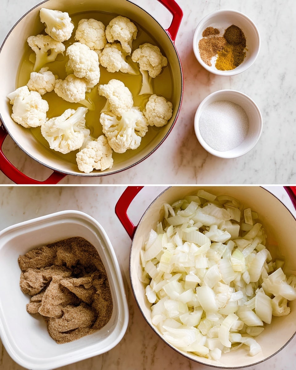 The image shows two white pans with red rims on a white marbled surface, one filled with cauliflower florets in a light yellow liquid on the left and the other with chopped white onions in a similar liquid on the right. Below, four small white bowls contain ingredients: a bowl on the left is full of packed brown sugar, the top right bowl holds several piles of ground spices in shades of brown and yellow, and the bottom right bowl contains white granulated sugar. Photo taken with an iphone --ar 4:5 --v 7