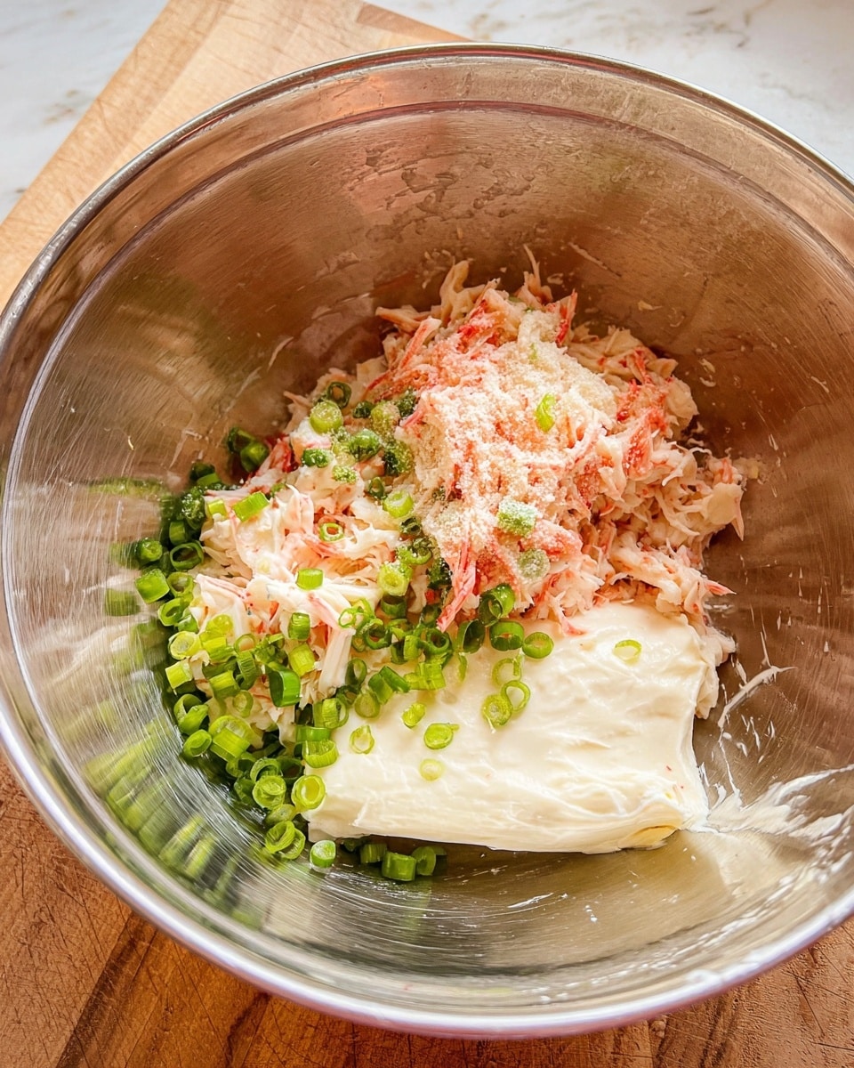 A metal bowl holds a mix of ingredients in four parts: on the right is a smooth layer of soft white cream cheese, on the left is a clump of shredded light pink crab meat, layered over and around with thinly sliced green onions scattered across the cream cheese and crab meat, with a light sprinkle of fine white seasoning on top. The bowl rests on a wooden surface but the background should be a white marbled texture. Photo taken with an iphone --ar 4:5 --v 7
