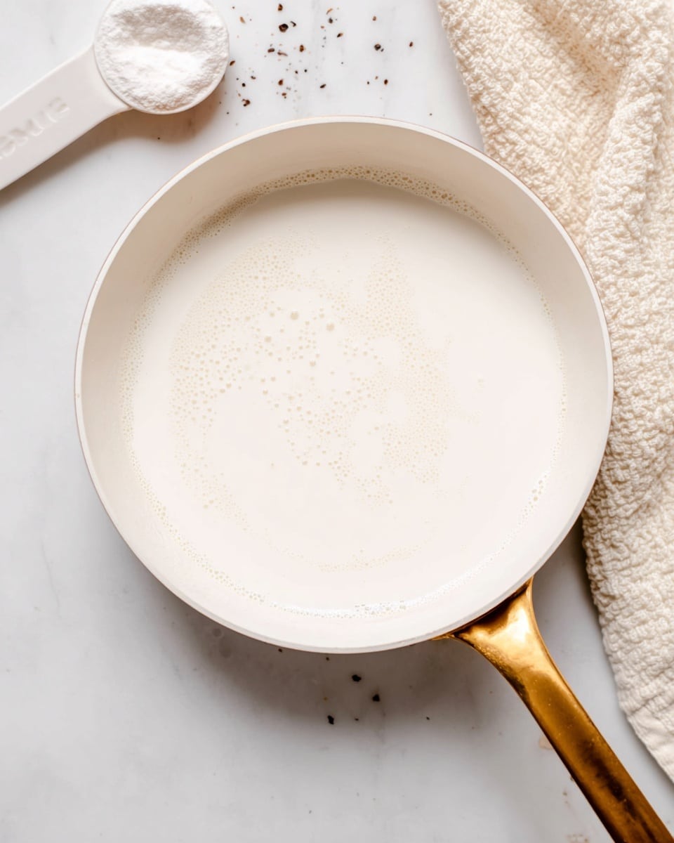 A close-up image of a white pan with a shiny golden handle, filled with a smooth, creamy white liquid with small bubbles on top, sitting on a white marbled surface with scattered dark powder spots nearby. In the top left corner, part of a white measuring spoon is visible, and in the top right corner, a cream-colored textured cloth adds softness to the scene. photo taken with an iphone --ar 4:5 --v 7