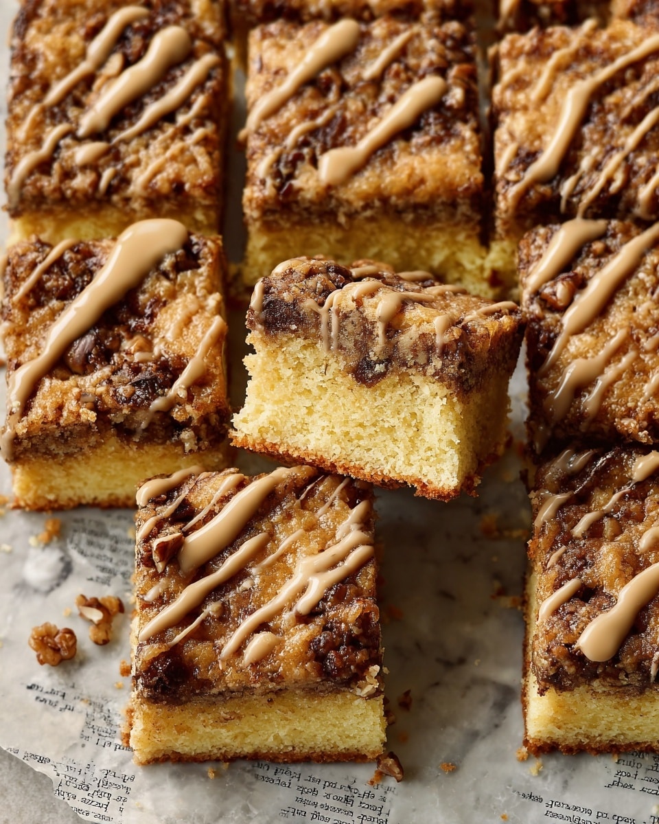 The image shows several square cake pieces arranged closely together on a white marbled surface covered with a layer of paper with printed text. Each cake piece has two layers: a thick, soft yellow base layer and a crumbly brown topping layer mixed with nuts. Over the top, a tan-colored glaze is drizzled in thin lines and small blobs giving a shiny texture. One piece is pulled slightly out from the group in the center, showing the soft inside of the yellow base layer. The cakes look moist with a mix of smooth and rough textures, and there are some crumbs scattered around. photo taken with an iphone --ar 4:5 --v 7