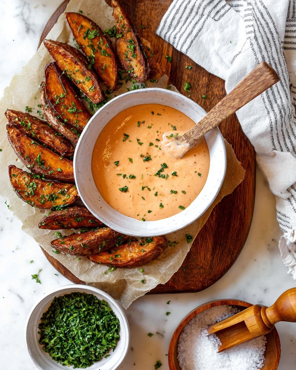 A white bowl filled with a smooth light orange dipping sauce with small green herb pieces sprinkled on top. A wooden spoon rests inside the bowl with its handle pointing to the right. Surrounding the bowl are dark brown crispy potato wedges sprinkled with chopped green herbs arranged in a curved line on beige parchment paper over a wooden surface. To the bottom left, there is a small white bowl filled with chopped green herbs, and to the bottom right, a wooden bowl with white salt and a wooden scoop inside. A white cloth with thin gray stripes is partly visible on the top right corner. The whole scene is set on a white marbled surface. photo taken with an iphone --ar 4:5 --v 7