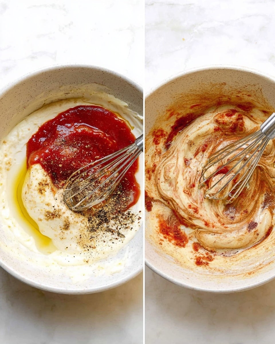 Two side-by-side images show the process of making a sauce in a white bowl on a white marbled surface. The left image has six layers: a thick white creamy base at the bottom, topped with a smooth red sauce on one side, a drizzle of light yellow oil partially covering the creamy base, and various ground spices in black and light brown sprinkled unevenly over the top, with a metal whisk resting inside the bowl. The right image shows the ingredients partially mixed creating a swirled pattern of creamy white, red, and light brown with some flecks of black pepper, and the whisk is lifted slightly, coated with the swirled sauce. Photo taken with an iphone --ar 4:5 --v 7
