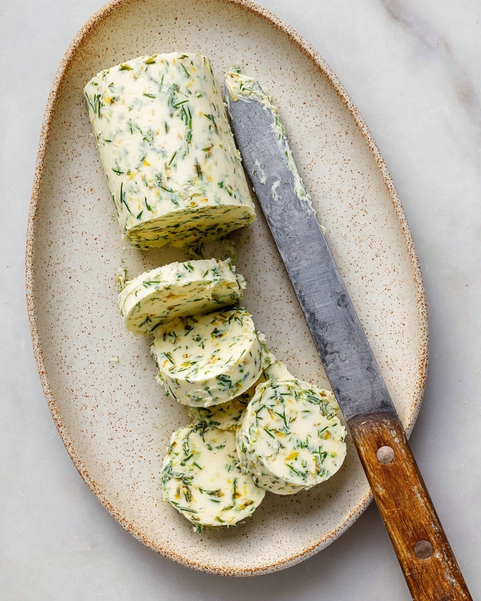 A white oval plate with brown speckles holds a log of herb butter, which is partially sliced into five round pieces. The butter is pale with visible green herbs and small yellow bits mixed evenly throughout. A large knife with a worn silver blade and a wooden handle lies partly beneath the butter, angled from the right side of the plate. The plate sits on a white marbled surface. photo taken with an iphone --ar 4:5 --v 7
