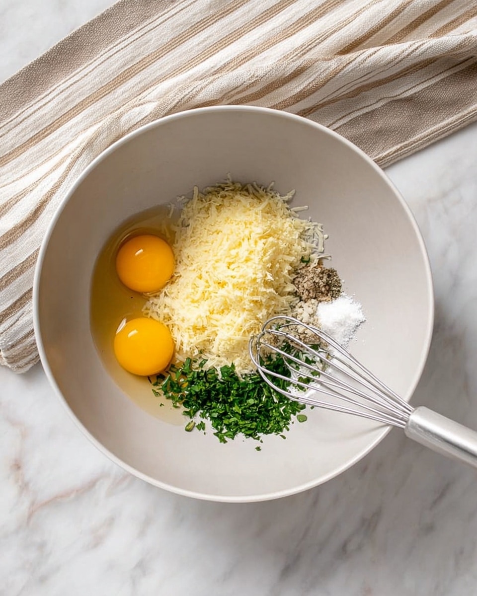 In a large white bowl, there are three whole eggs with bright yellow yolks and clear whites on the left side. Next to the eggs, there is a heap of light yellow grated cheese, surrounded by small piles of chopped fresh green herbs, white granulated salt, black pepper, and minced garlic. A silver whisk with a white handle rests inside the bowl, partly laying on the cheese and eggs. The bowl is placed on a white marbled surface, with a beige and white striped cloth nearby. Photo taken with an iphone --ar 4:5 --v 7