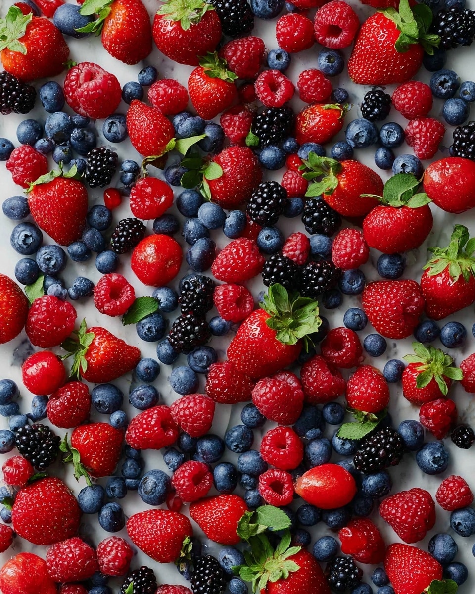 A mix of fresh berries spread out evenly on a white marbled surface, showing three main types: bright red strawberries with green leaves, small round deep blue blueberries, and red raspberries with a hollow center. Scattered among them are black blackberries with a bumpy texture, and some green leaves adding contrast. The berries cover the surface densely with no layers, creating a colorful, natural pattern. photo taken with an iphone --ar 4:5 --v 7