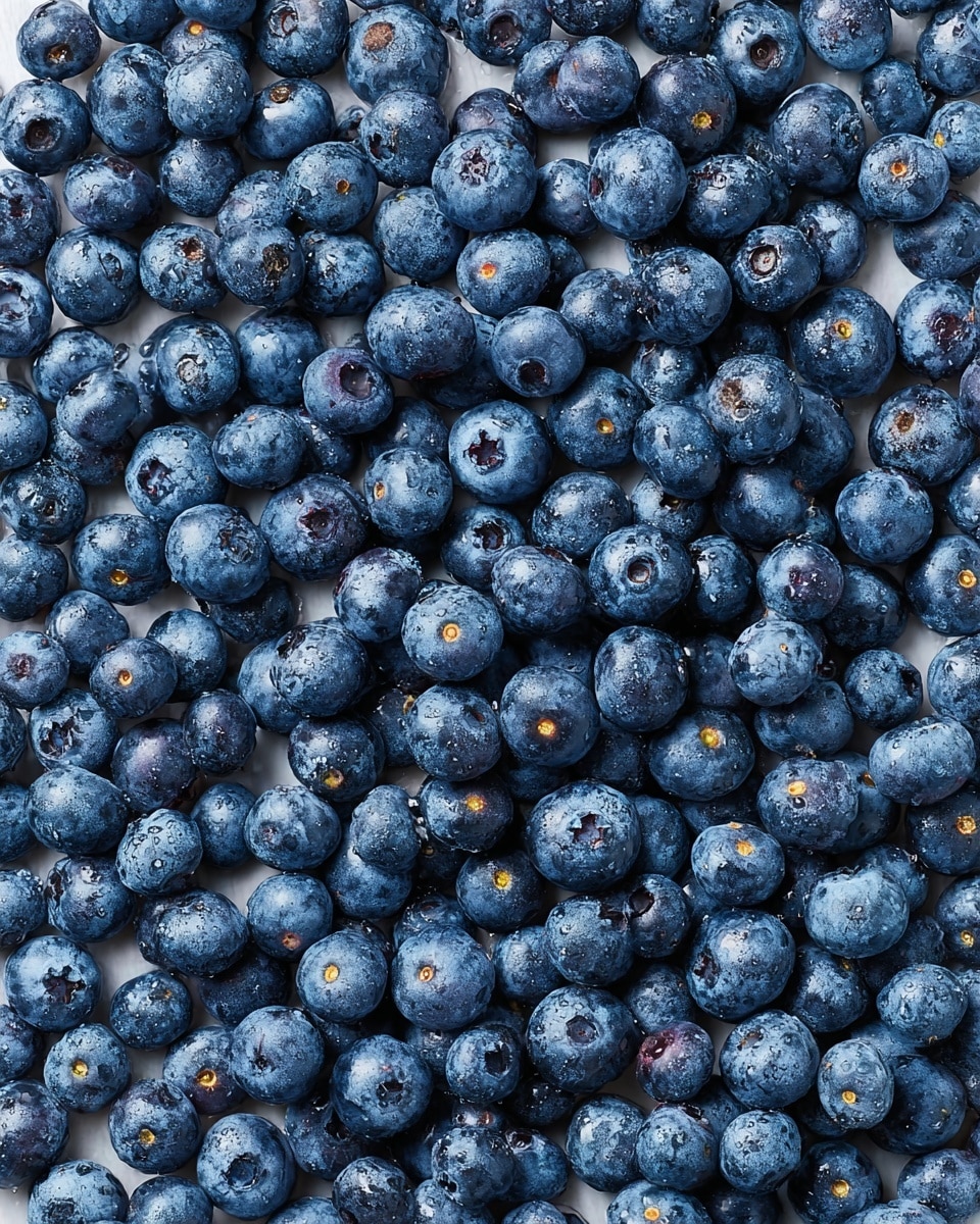 The image shows a large number of fresh blueberries spread evenly across a white marbled surface, creating a dense, textured layer. The blueberries vary slightly in size and color, ranging from deep blue to a lighter dusty blue with natural bloom, giving a fresh and natural look. Each blueberry has a smooth, round shape with small crown-like indentations on the top, some showing tiny yellowish brown stems. The overall arrangement forms a rich, dark blue carpet that covers the entire visible area. photo taken with an iphone --ar 4:5 --v 7