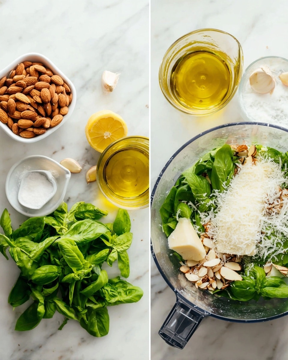 The image shows two side-by-side photos on a white marbled surface. The left photo displays fresh green basil with stems, whole almonds in a white measuring cup, a small white bowl of salt, a halved lemon with bright yellow inside, peeled garlic cloves, and a glass measuring cup filled with golden olive oil. The right photo features a clear food processor bowl filled with layers: at the bottom fresh green basil leaves, scattered whole almonds, peeled white garlic cloves, and a thick layer of finely grated white cheese on top. To the right of the food processor is a glass measuring cup with olive oil. Photo taken with an iphone --ar 4:5 --v 7