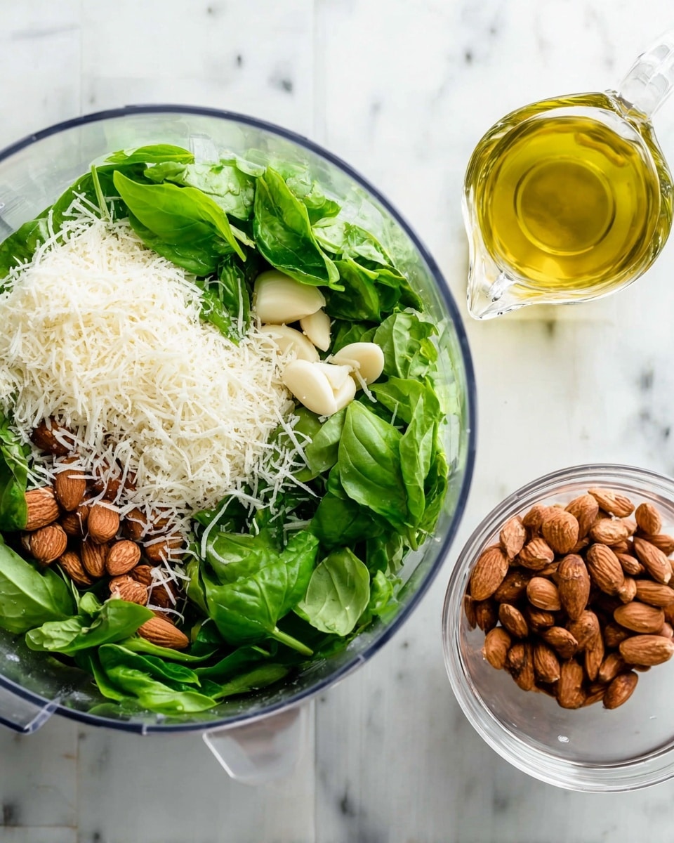 A clear food processor bowl is filled with fresh bright green basil leaves as the bottom layer, whole brown almonds scattered on one side, several whole peeled garlic cloves placed among the leaves, and a generous layer of finely shredded white cheese piled mainly on top of the almonds and basil. A small clear glass measuring cup filled with golden olive oil sits nearby on a white marbled surface, under soft natural light. photo taken with an iphone --ar 4:5 --v 7