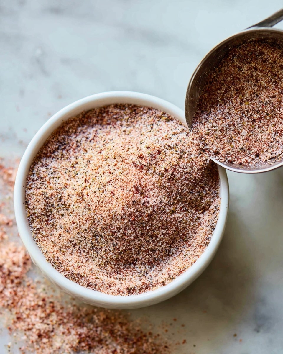 A close-up image shows a white bowl filled with a finely ground spice mix, with colors including light pink, brown, and dark red spread evenly across the surface. Near the top right corner, a metal measuring spoon containing the same spice mix is tilted, spilling some powder onto the white marbled surface below. The textures appear slightly coarse with a mix of grain sizes, and the light highlights emphasize the blend’s varied colors and granules, photo taken with an iphone --ar 4:5 --v 7