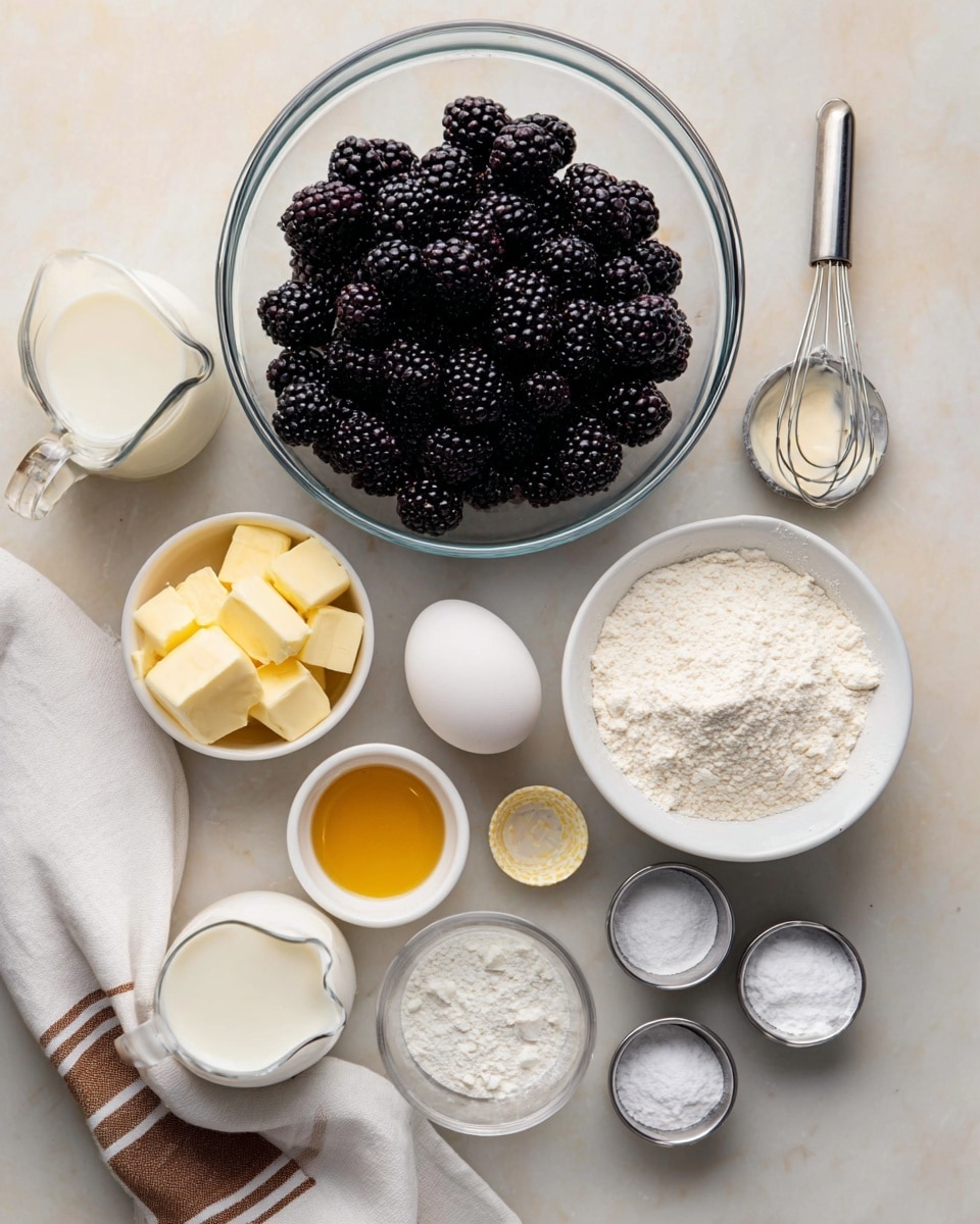 A top-down view of various baking ingredients arranged neatly on a white marbled surface; in the center is a large clear glass bowl filled with shiny, plump blackberries that are dark purple to black in color; below it to the right is a white bowl with white flour, beside it is a small silver cup with pale yellow butter, and another small silver cup with light golden syrup; on the left side below the blackberry bowl is a white bowl with fine white sugar, beneath it is a white bowl with small cubes of butter in light yellow, next to it a whole white egg and a small silver cup with white salt; at the bottom left corner is a small clear glass pitcher with white milk, next to it is a white cloth with brown edges folded partially under the ingredients, and also several small metal cups containing white baking powder and other powders; the colors are mainly white, silver, black, and light yellow, photo taken with an iphone --ar 4:5 --v 7