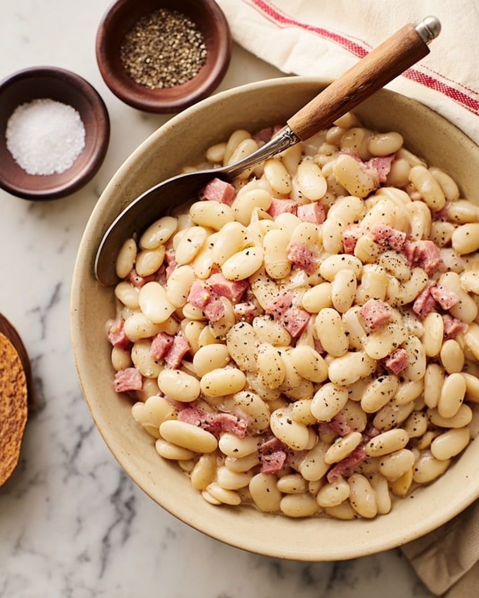 A close-up view of a beige bowl filled with large white beans mixed with small pieces of pink meat, lightly sprinkled with black pepper. A metal spoon with a wooden handle rests inside the bowl on top of the beans. The bowl is placed on a white marbled surface, with two small brown bowls holding ground black pepper and salt, and a cream-colored cloth with a red stripe partially visible in the background. Photo taken with an iphone --ar 4:5 --v 7