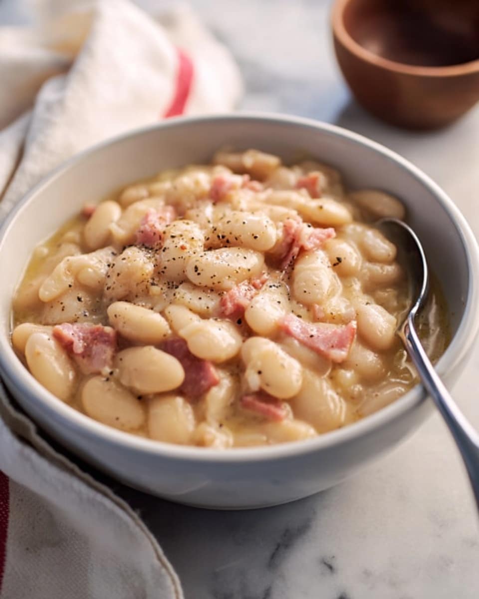 A white bowl filled with light beige large beans in a thick, creamy sauce with small pieces of pink meat mixed in and black pepper sprinkled on top. A silver spoon rests inside the bowl on the right side. The bowl is placed on a white marbled surface with a small brown bowl and a white cloth with red stripes partially visible in the background. Photo taken with an iphone --ar 4:5 --v 7