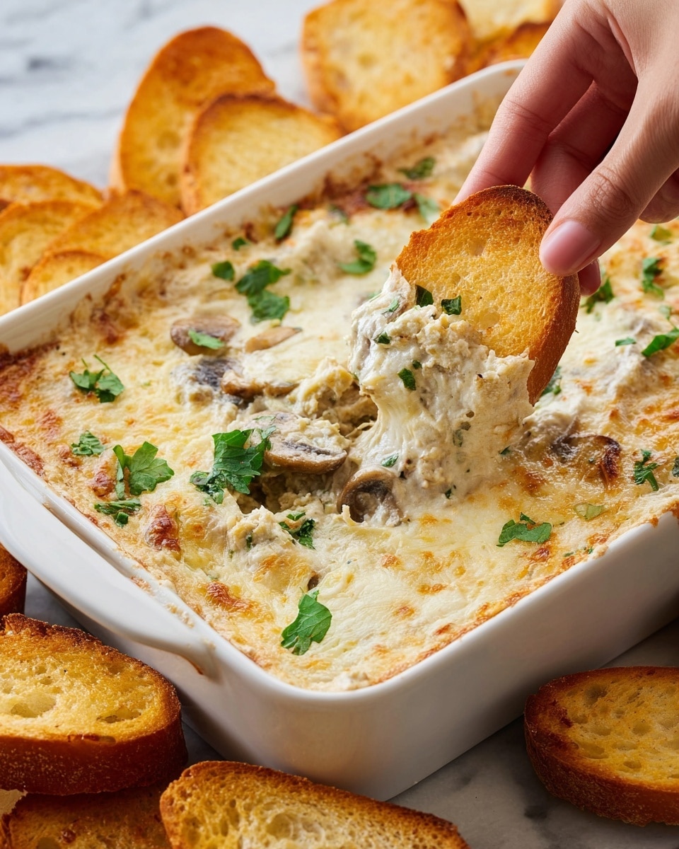 A white rectangular dish holds a creamy dip with a light golden melted cheese layer on top, sprinkled with bright green parsley leaves for color. The dip has a thick, slightly chunky texture with bits of mushrooms visible beneath the cheese. Around the dish, several golden toasted bread slices are arranged, ready for dipping. A woman's hand is scooping some of the dip onto one of the toasted slices, showing the creamy interior and melted cheese on the bread. The scene is set on a white marbled surface that adds a clean and bright background to the warm colors of the dish and bread photo taken with an iphone --ar 4:5 --v 7