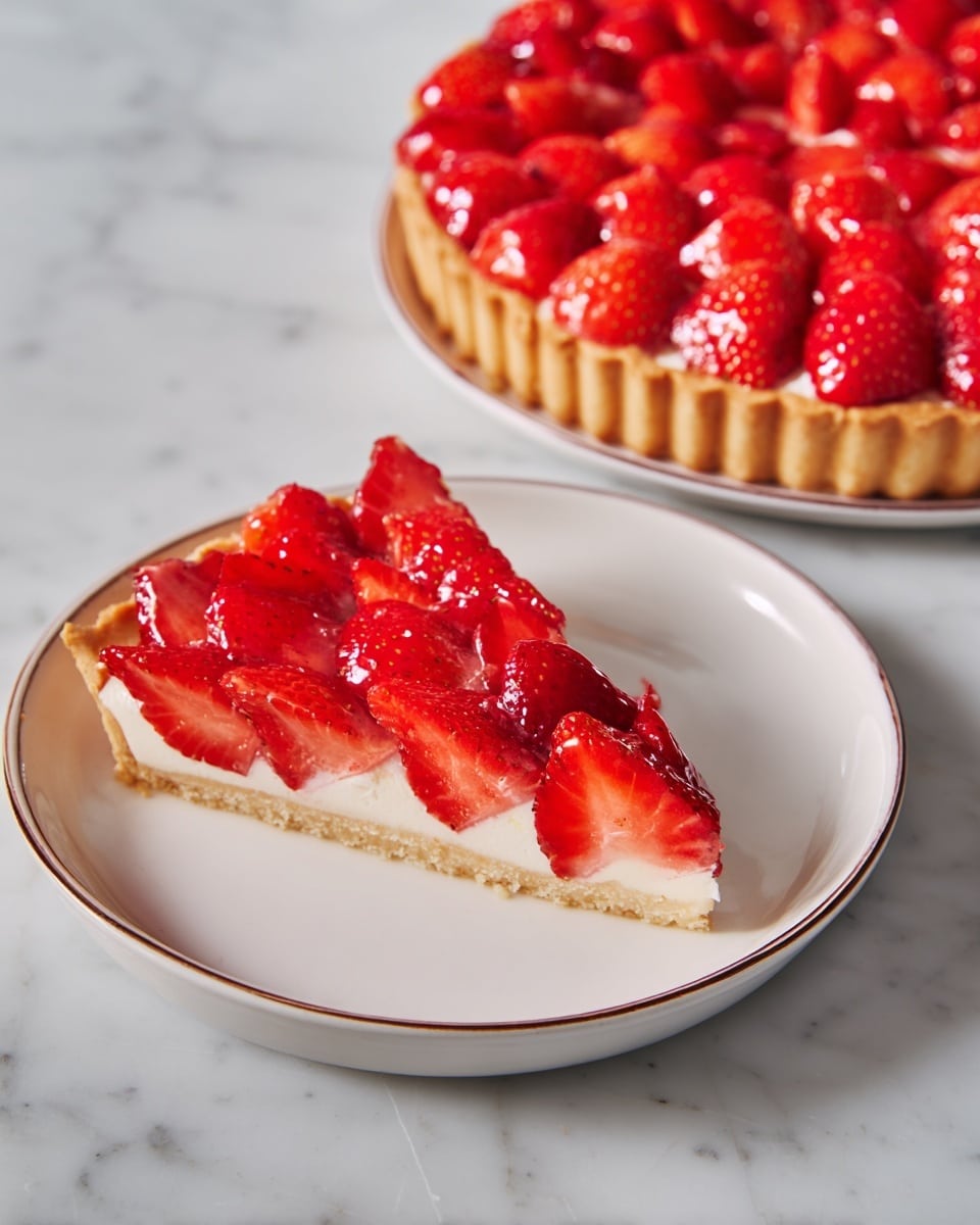 A slice of strawberry tart is placed on a white plate with a thin brown rim, resting on a white marbled surface. The tart has three main layers: a light golden crust at the bottom, a white creamy layer in the middle, and on top, a layer of glossy red strawberry slices arranged closely and neatly in overlapping rows, filling the entire slice. Next to the plate is the rest of the tart on another white plate, showing the same layers and the bright red strawberries covering the whole round tart. photo taken with an iphone --ar 4:5 --v 7