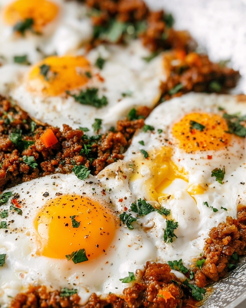 This close-up image shows four cooked eggs with bright white, soft edges and yellow yolks, one yolk slightly broken, placed on top of a layer of brown, crumbly cooked ground meat mixed with small bits of orange and green, likely vegetables or spices. The dish is sprinkled with small green herb pieces and black pepper, all resting on a white marbled textured surface. The photo is taken with an iphone --ar 4:5 --v 7