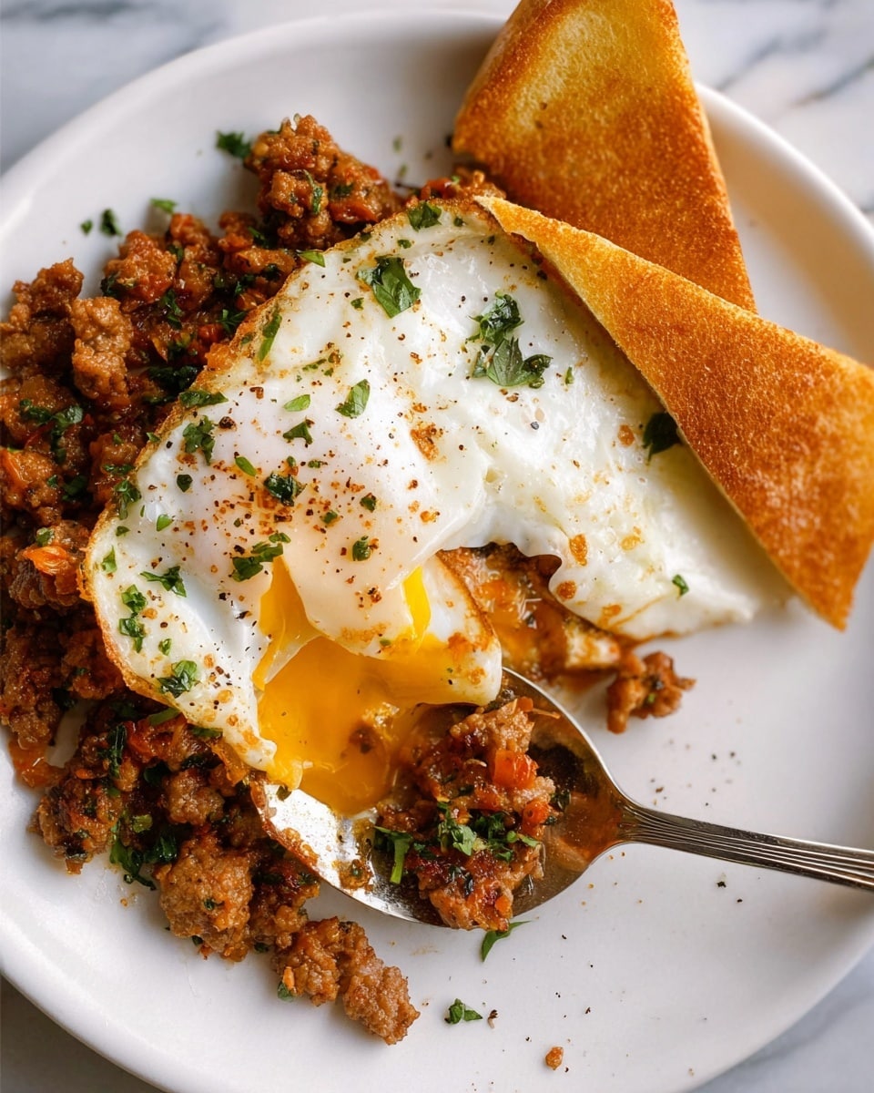 The dish shows a close-up view on a white plate placed on a white marbled surface, featuring two main layers: a base layer of browned crumbly cooked sausage with small bits of orange and green herbs scattered throughout, topped by a layer of soft, runny fried egg with a bright yellow yolk partially exposed and white edges sprinkled with black pepper and green herbs. On the right side, there are two triangular pieces of golden toasted bread with a crisp texture. A spoon is scooping through the egg and sausage on the lower half of the plate. photo taken with an iphone --ar 4:5 --v 7