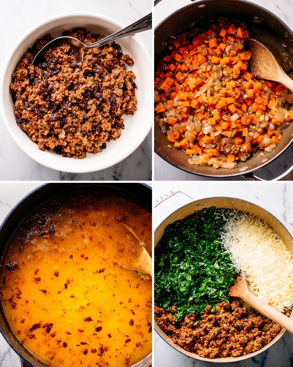 The first layer shows a white bowl filled with browned, crumbly cooked ground meat with dark crispy bits, and a metal spoon resting inside. The second layer features a pan with finely chopped orange carrots and translucent onions, all sautéed to a golden brown, with a wooden spoon stirring them on the right side. The third layer is a pot of smooth, shiny, orange broth with small black specks and a wooden spoon partly submerged on the right side. The final layer shows the same pot with the orange broth at the bottom, topped with cooked ground meat, chopped green leafy vegetables scattered mostly on the right side, and a pile of grated pale cheese near the center, with the wooden spoon inserted on the left bottom corner. All dishes and pots rest on a white marbled surface photo taken with an iphone --ar 4:5 --v 7