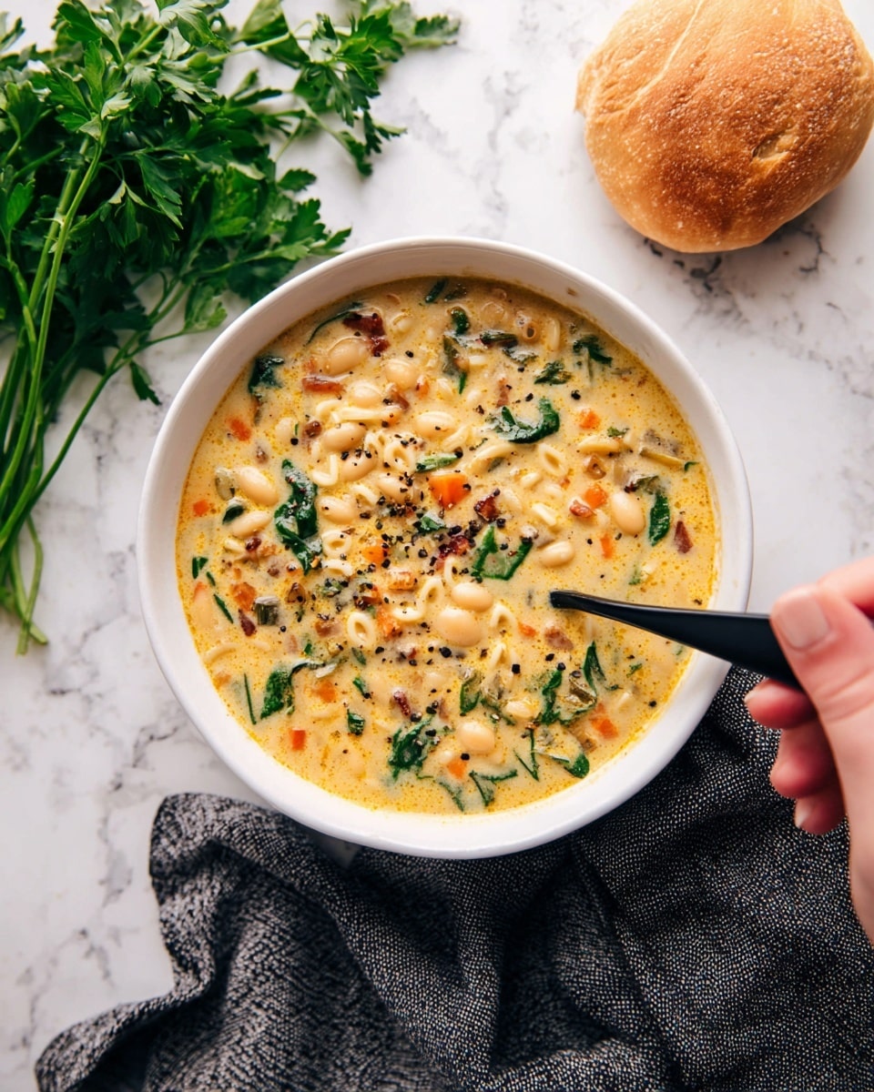 A white bowl filled with creamy soup containing small white pasta, orange carrot pieces, dark brown bits, and bright green spinach scattered throughout. The soup has a rich, light yellow color with visible specks of black pepper and herbs. Next to the bowl, there is a black spoon held by a woman's hand touching the soup. To the left, a bunch of fresh green parsley lies on a white marbled surface, while to the right, a light brown soft bread roll rests. A dark gray cloth with a rough texture spreads under part of the bowl, all set on a white marbled surface photo taken with an iphone --ar 4:5 --v 7