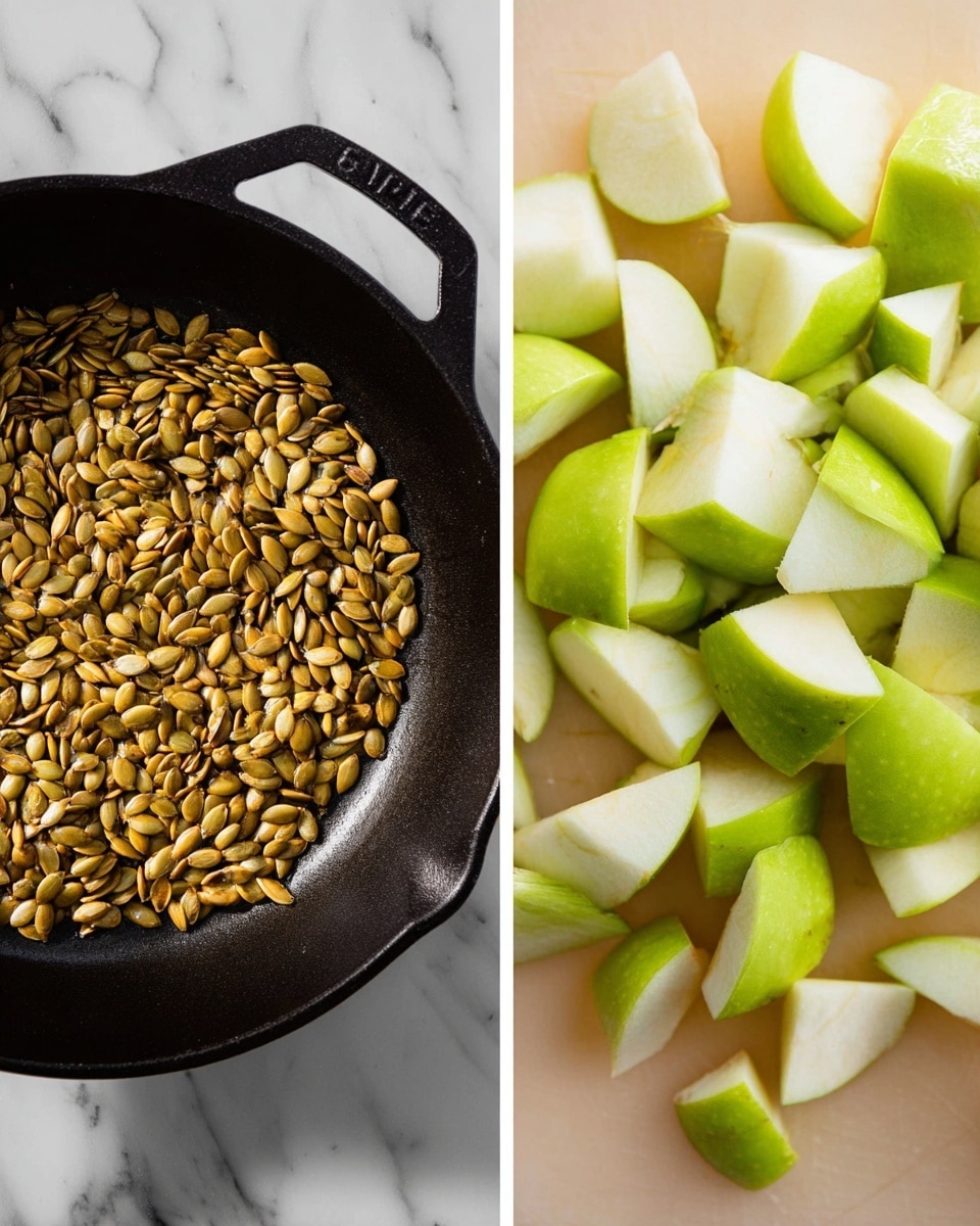 The image shows two parts: on the left, a black cast iron pan filled with golden-brown pumpkin seeds spread evenly inside the pan; the pan is placed on a white marbled surface. On the right, a close-up of chopped green apple pieces with visible skin and pale green-white flesh, arranged on a pale beige cutting board; the apple pieces are cut into small cubes and some are partially sliced. Photo taken with an iphone --ar 4:5 --v 7