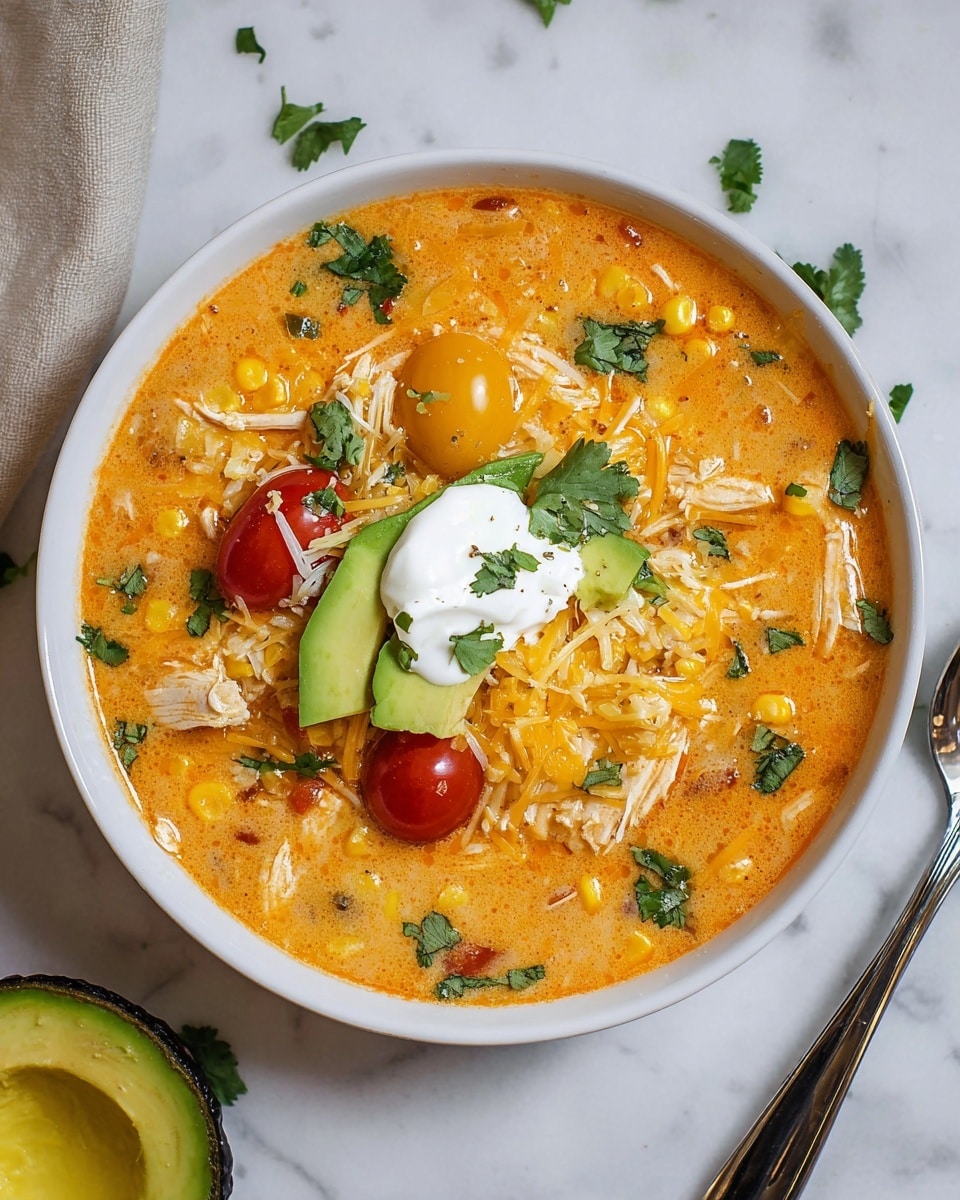 A bowl of thick orange soup filled with shredded chicken and bits of yellow corn fills the center of the white bowl. On top, there are bright yellow and red cherry tomato halves and pale green slices of avocado layered over a dollop of white sour cream. The soup is sprinkled with shredded yellow and white cheese and fresh green cilantro leaves. The bowl sits on a white marbled surface with a halved avocado partly visible at the bottom and a spoon to the right. Photo taken with an iphone --ar 4:5 --v 7