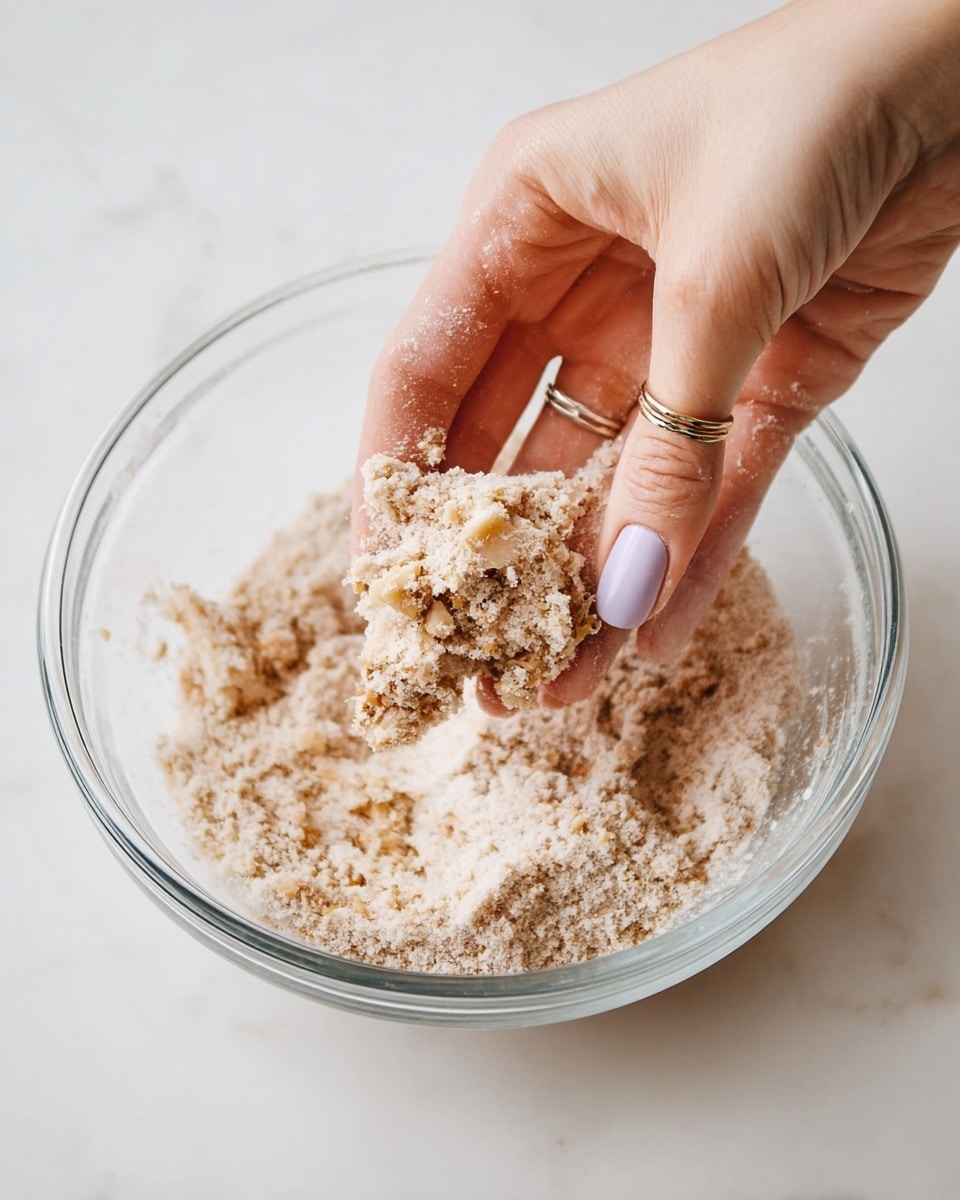 A close-up top view shows a clear glass bowl placed on a white marbled surface. Inside the bowl, there is a crumbly mixture of beige and light brown textures with small chunks. A woman's hand gently holds a clump of this mixture above the bowl, with some of the crumbly bits sticking to her fingers. Her nails are painted light lavender, and she wears a thin silver ring on her finger. The overall scene is lit softly, highlighting the textures and colors of the mixture and hand. photo taken with an iphone --ar 4:5 --v 7