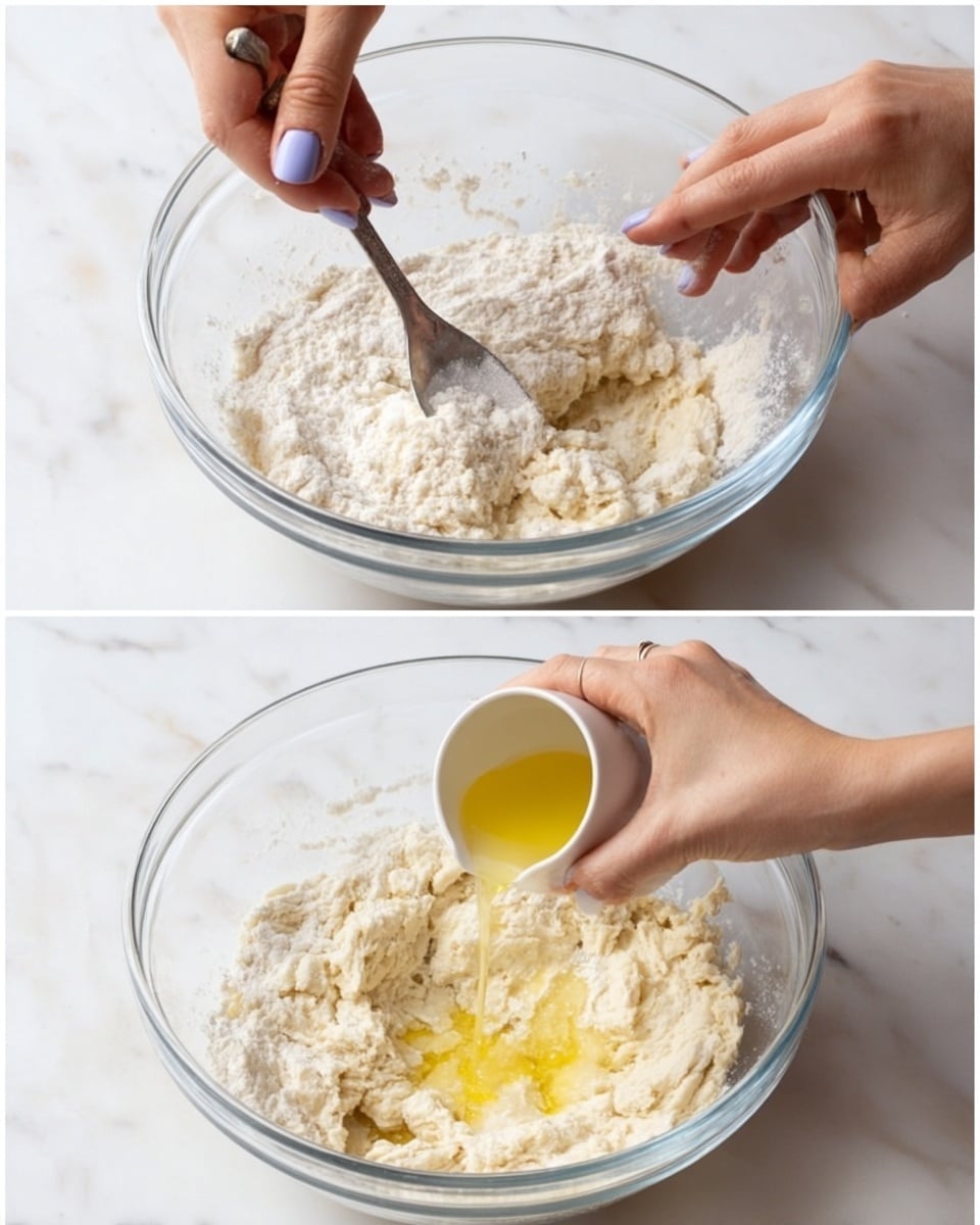 Two images show a clear glass bowl on a white marbled surface with dough being mixed. In the first image, a woman's hand with light purple nail polish holds a silver spoon stirring a thick, pale dough with visible dry flour on top. In the second image, the same woman's hand stirs the dough while pouring melted yellow butter from a small white cup into the bowl. The dough is wet and uneven, with lumps and patches of flour. Photo taken with an iphone --ar 4:5 --v 7