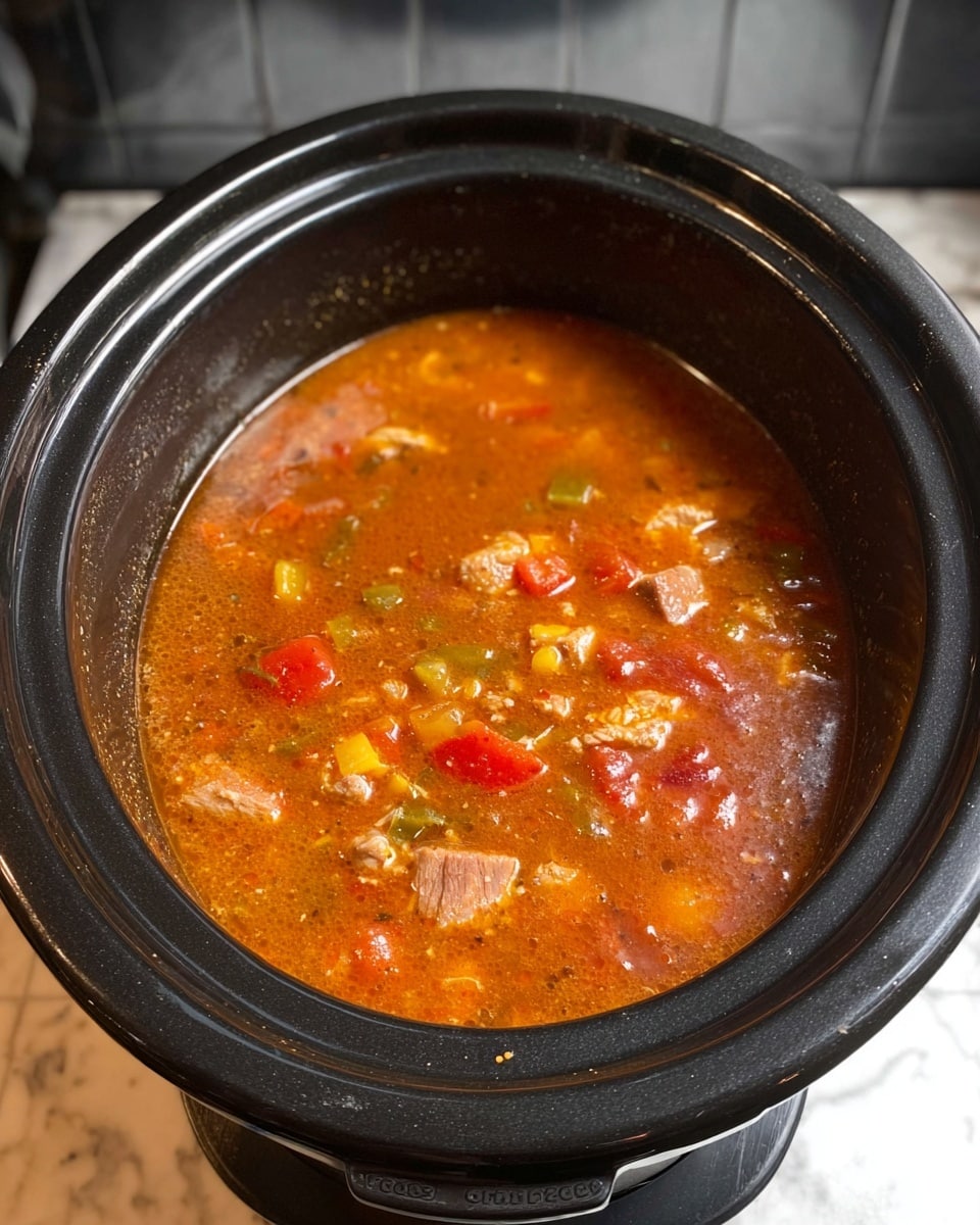 A black slow cooker filled with a thick, orange-red soup that has visible chunks of light brown meat, bright red pieces, greenish-yellow vegetables, and small bits of other ingredients floating in the stew. The surface of the soup has a slightly shiny texture indicating warmth and moisture. The slow cooker is placed on a stove with a white marbled surface visible around it. Photo taken with an iphone --ar 4:5 --v 7