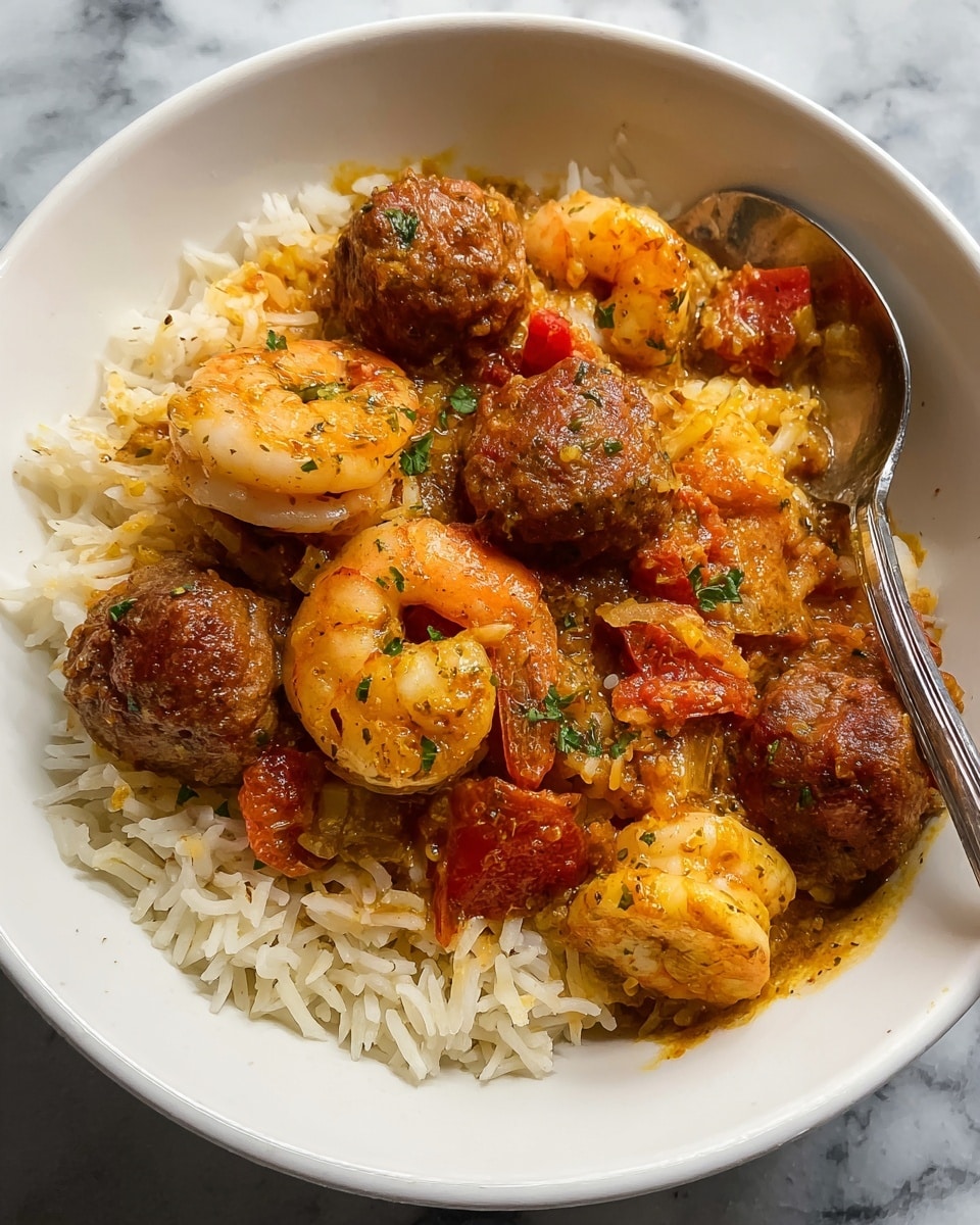 A white bowl filled with a base layer of cooked white rice with visible long grains. On top of the rice, there are several reddish-brown meatballs scattered around, mixed with plump, orange shrimp that have a slightly shiny texture. Mixed in with the shrimp and meatballs are chunks of tomatoes and a warm, orange-brown sauce coating the ingredients, with small bits of seasoning visible. A silver spoon resting on the edge of the bowl is partially immersed in the dish. The bowl is placed on a white marbled surface. photo taken with an iphone --ar 4:5 --v 7