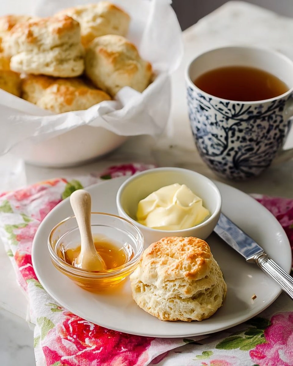 A white plate on a white marbled table holds a single golden-brown biscuit with a soft, fluffy texture, a small clear glass bowl of smooth, pale yellow butter, and another small clear glass bowl filled with light amber honey, with a small wooden spoon resting inside the honey bowl. A silver butter knife lies next to the biscuit on the plate. Behind the plate, there is a white bowl lined with a paper towel, filled with several more golden-brown biscuits. To the right of the bowl, a dark blue and white floral patterned cup contains a warm brown tea, all set on a floral cloth with large pink and red flowers. photo taken with an iphone --ar 4:5 --v 7