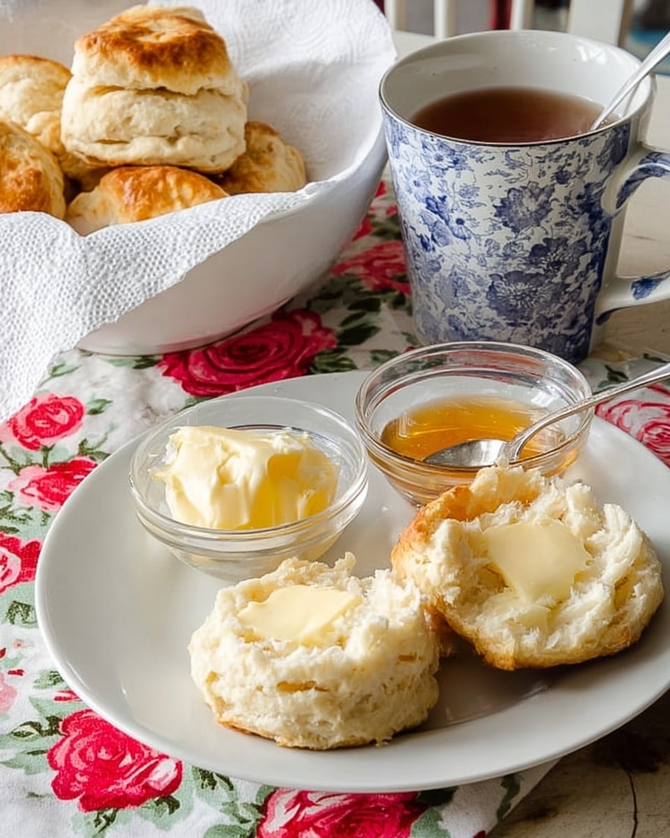 A white plate on a white marbled surface holds a biscuit split in half, each side showing a soft, flaky light golden texture with a pat of melting butter on top; next to the biscuit halves, there are two small clear glass bowls, one filled with pale butter and the other with golden honey, with a silver spoon resting in the honey bowl. Behind this plate, a white bowl lined with a white paper towel holds a stack of whole biscuits, showing a golden crust and soft inside. To the right, a blue and white floral patterned mug with tea is visible. The scene is set on a floral cloth with red and green rose designs. Photo taken with an iphone --ar 4:5 --v 7