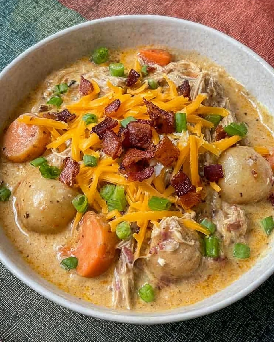 A bowl filled with a thick creamy stew containing light brown shredded meat mixed with whole white potatoes and large orange carrot pieces. On top, there is a sprinkling of bright yellow shredded cheese, crispy small dark red bacon bits, and small chopped green onions scattered evenly, adding freshness and color contrast. The bowl is white, placed on a white marbled surface with a multicolored textured background. photo taken with an iphone --ar 4:5 --v 7