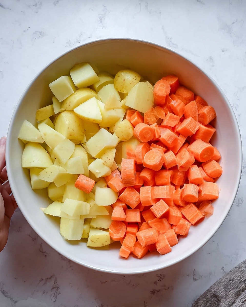 A white bowl filled with two layers of chopped vegetables placed side by side: on the left, pale yellow potato pieces cut into chunky, irregular shapes with smooth surfaces, and on the right, bright orange carrot chunks sliced into short cylindrical pieces showing subtle texture and cut marks. The bowl sits on a white marbled surface, and part of a woman's hand is seen on the left edge, holding the bowl. Photo taken with an iphone --ar 4:5 --v 7