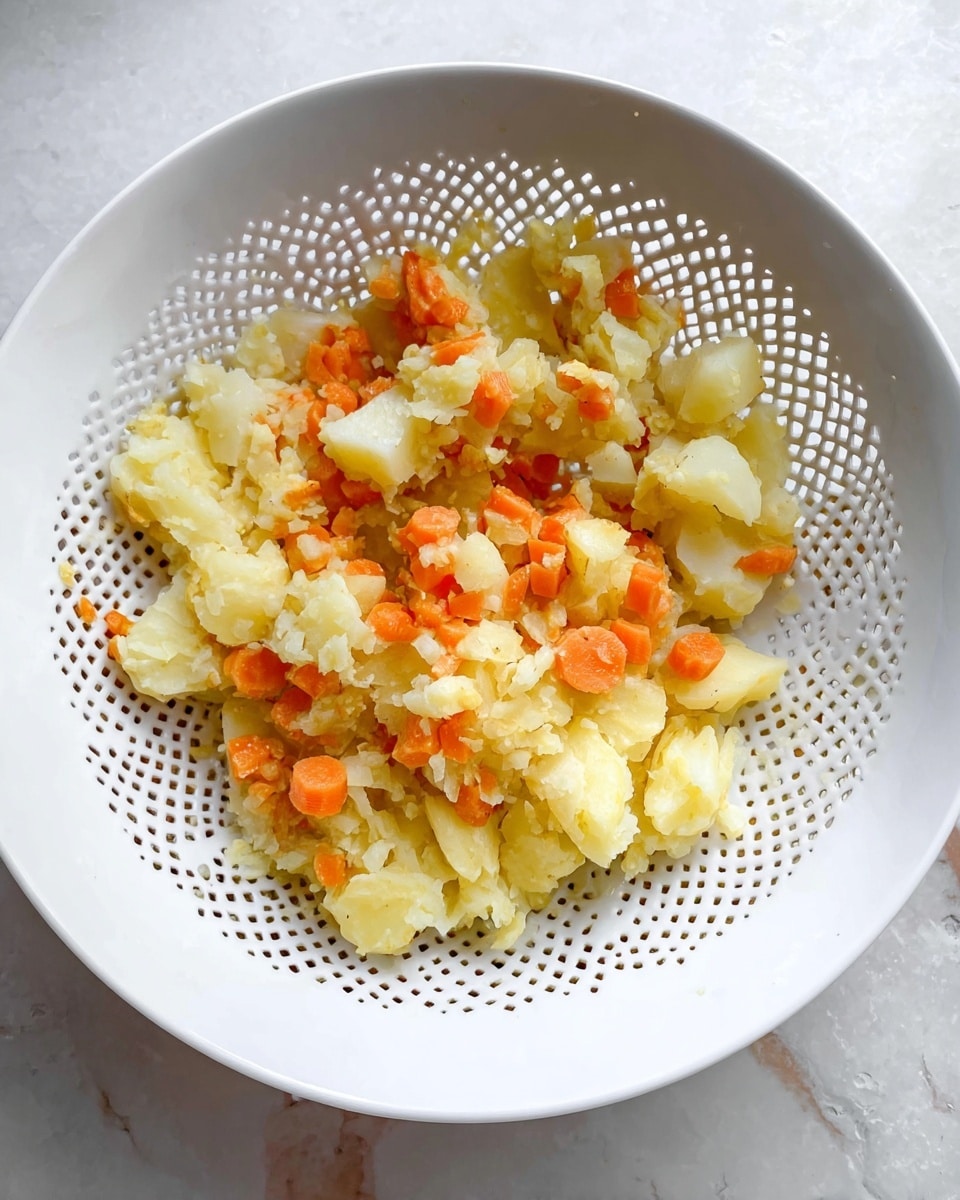 The image shows a white bowl with a pattern of holes arranged in circular lines. Inside the bowl, there are soft, broken pieces of cooked potatoes mixed with small, bright orange carrot slices. The colors are mostly light yellow for the potatoes and vibrant orange for the carrots, with the texture looking soft and slightly crumbly. The bowl is placed on a surface with a white marbled texture. photo taken with an iphone --ar 4:5 --v 7