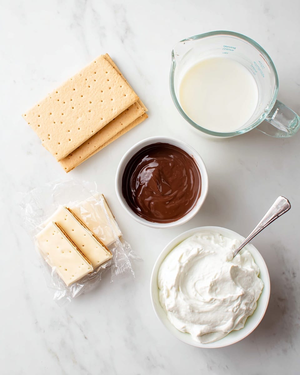 A white bowl filled with thick white cream sits at the bottom right with a silver spoon inside. Above it is a small white bowl filled with smooth, dark brown chocolate sauce. To the left are two rectangular light brown crackers stacked slightly on top of each other. At the bottom left, three tan-colored wrapped packets are placed in a slight curve. On the top right, a clear glass measuring cup is filled with white milk. All items are arranged on a white marbled surface. Photo taken with an iphone --ar 4:5 --v 7