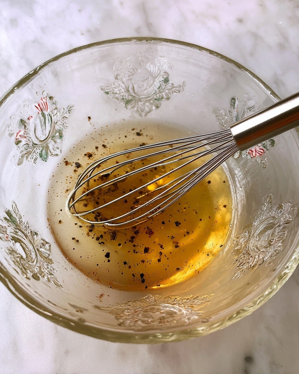 A clear glass bowl with floral patterns holds a light golden liquid speckled with small black pepper bits. Inside the bowl lies a metal whisk with a silver handle, partially submerged in the liquid. The bowl sits on a white marbled surface, and soft light reflects off the bowl's transparent texture and the shiny whisk. photo taken with an iphone --ar 4:5 --v 7