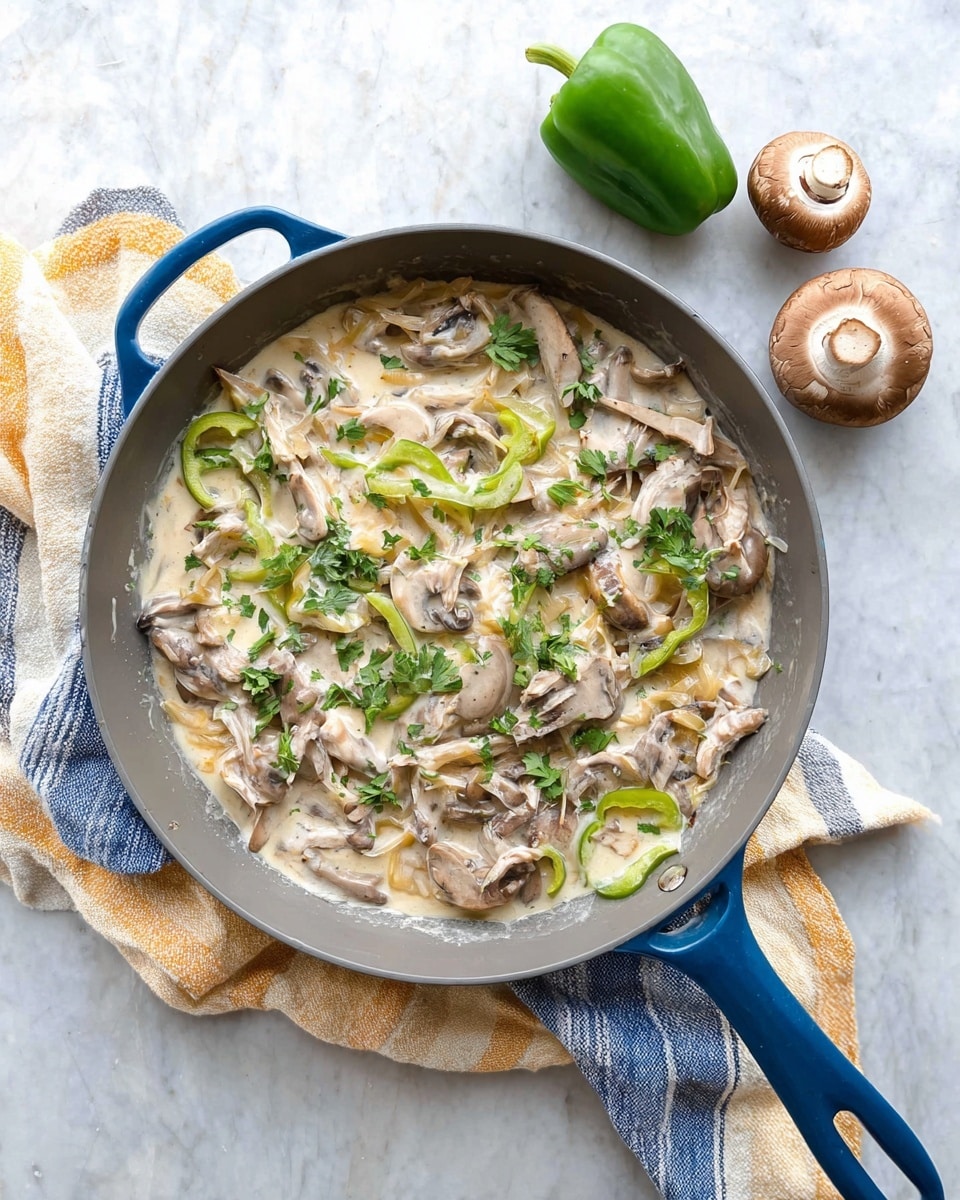A gray skillet with blue handles sits on a white marbled surface with a striped blue, white, and yellow towel under one side. Inside the skillet, there is a creamy mixture with several layers: at the bottom, thin slices of light brown mushrooms and tender light brown pieces of meat; scattered on top, thin green strips of bell pepper, mixed with white creamy sauce that coats everything evenly; sprinkled fresh small green parsley leaves add contrast on the top. Two whole mushrooms and one green bell pepper are placed next to the skillet on the marbled surface. Photo taken with an iphone --ar 4:5 --v 7