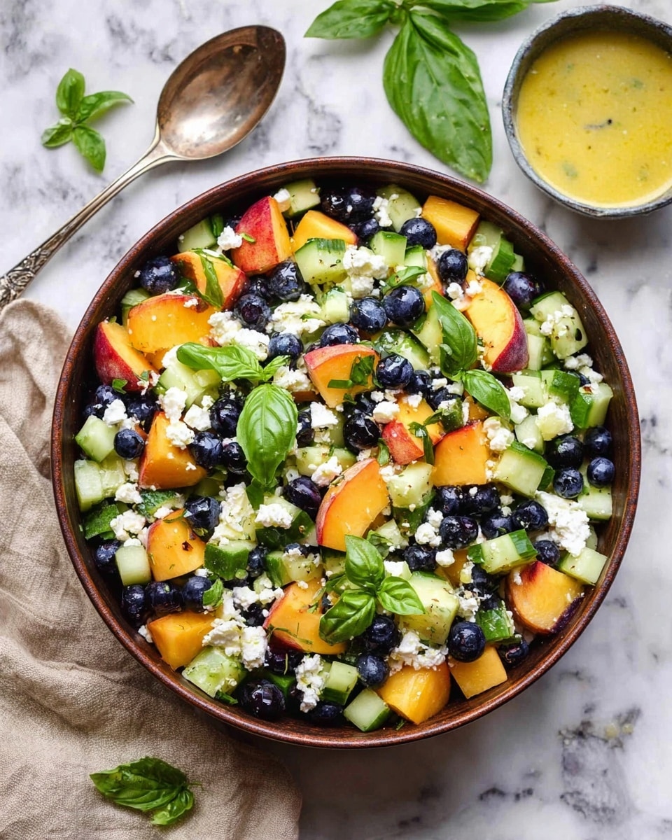 A large brown bowl filled with a colorful mixed salad showing four layers: bright orange peach chunks, dark blue blueberries, pale green cucumber slices, and white crumbles of soft cheese scattered all over. Small fresh green basil leaves are spread on top and mixed through the salad. The bowl is placed on a white marbled surface with a vintage silver spoon nearby and a small bowl of light yellow salad dressing behind it. Loose basil leaves and a beige cloth napkin surround the bowl. Photo taken with an iphone --ar 4:5 --v 7