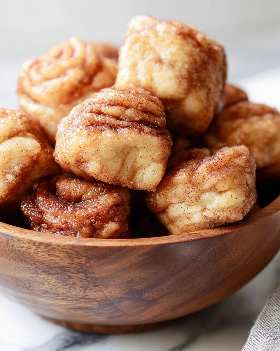 A close-up of a wooden bowl filled with many bite-sized cinnamon roll bites, each piece golden brown with a slightly shiny, sugary coating and textured with visible swirls and folds of dough. The bowl sits on a white marbled surface. The cinnamon roll bites are piled high, showing their soft and fluffy look with a rough crumb texture and specks of cinnamon throughout. Photo taken with an iphone --ar 4:5 --v 7