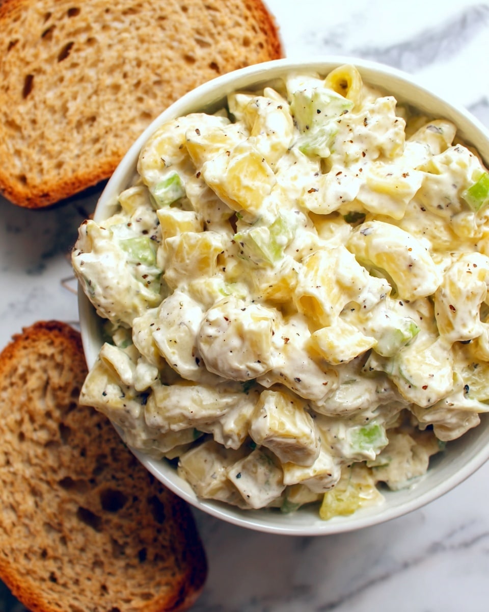 A close-up view of a white bowl filled with a creamy macaroni salad showing about three visible layers of pasta shapes coated in a thick, white dressing that looks smooth and lightly speckled with black pepper. The pasta pieces are short tubular shapes in pale yellow color mixed with small bits of light green vegetable pieces. Part of two slices of bread with a golden brown crust is visible in the background. The bowl sits on a white marbled surface. Photo taken with an iphone --ar 4:5 --v 7