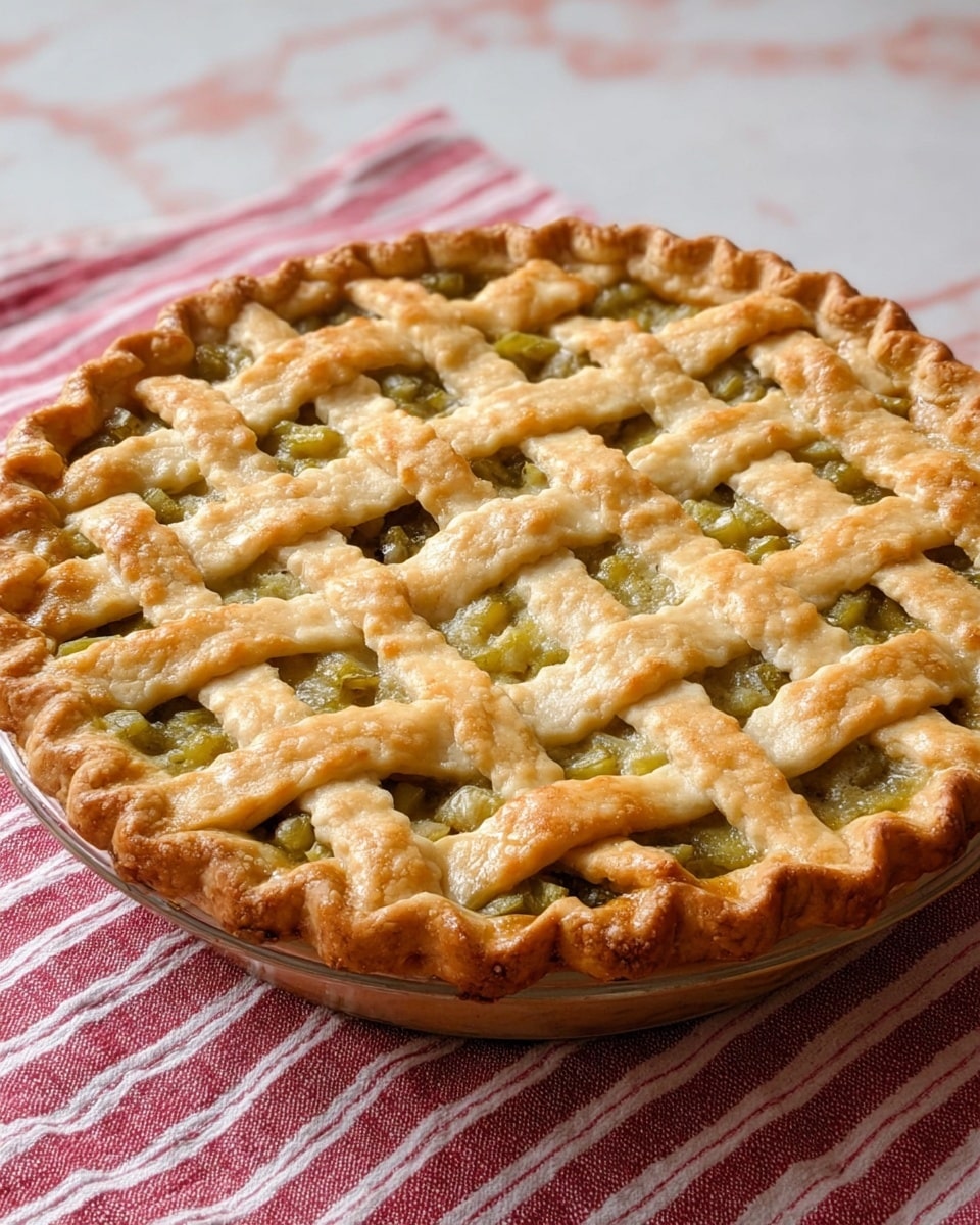 A round pie with a golden brown crust sits on a white marbled surface with a red and white striped cloth underneath. The pie has a lattice top made of thick, evenly spaced strips of dough with crimped edges, creating a square pattern. Underneath the crust lattice, the filling is green with small chunks visible. The pie edge is thick and crimped all around, showing a nicely baked, flaky texture. The photo is taken with an iphone --ar 4:5 --v 7
